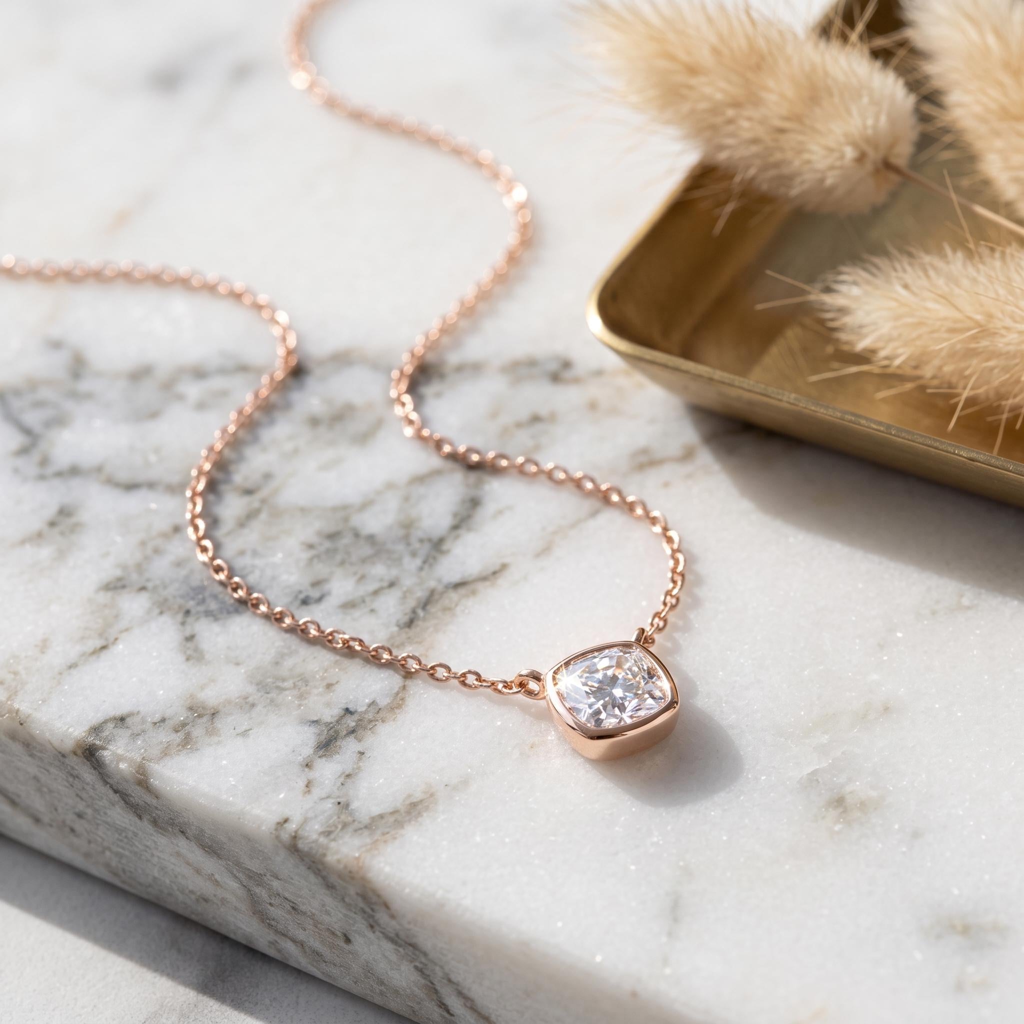Sterling Silver Moissanite Pendant Necklace, Cushion Cut Solitaire, Rose Gold Finish