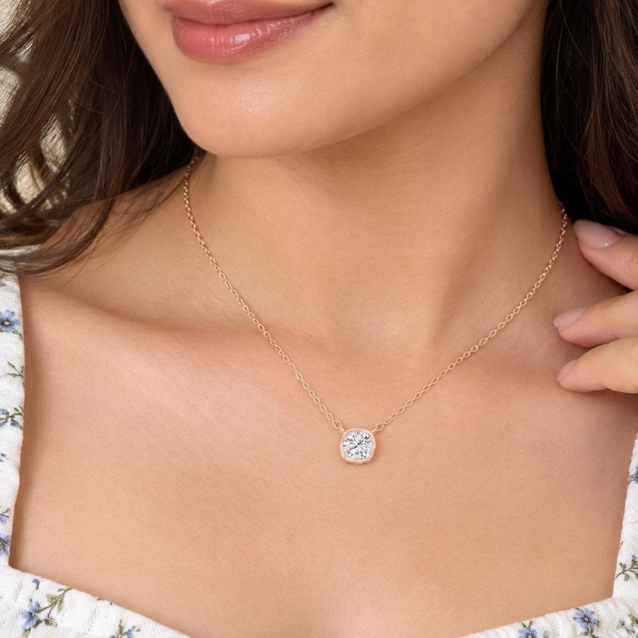 Sterling Silver Moissanite Pendant Necklace, Cushion Cut Solitaire, Rose Gold Finish