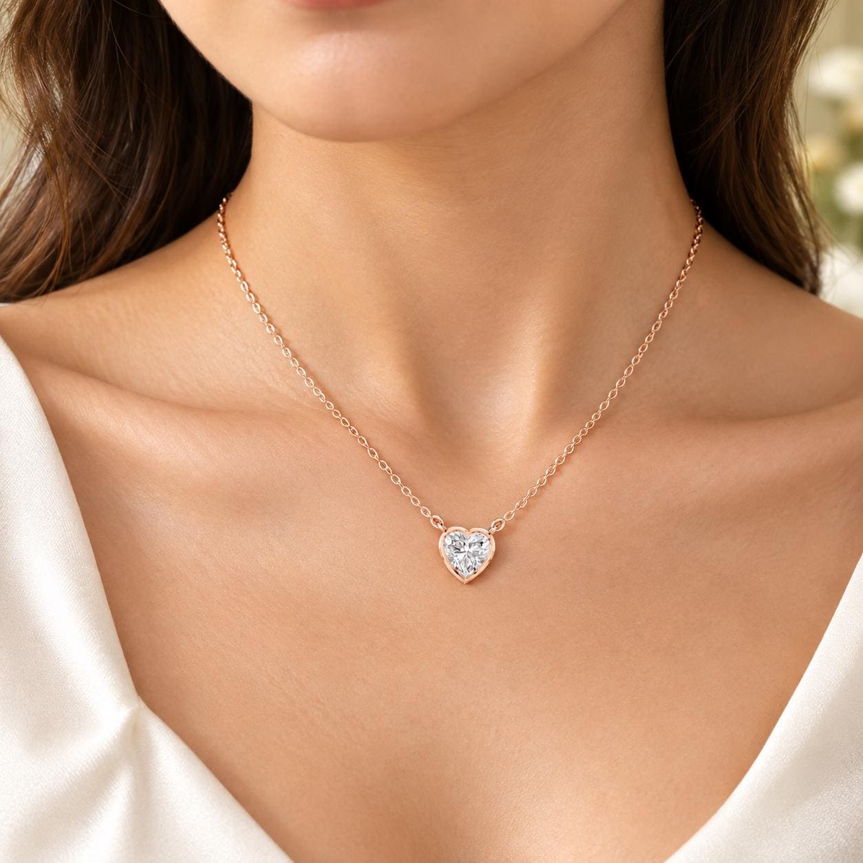 Heart Moissanite Necklace, 925 Sterling Silver Bezel Pendant, Rose Gold Chain, Anniversary Gift