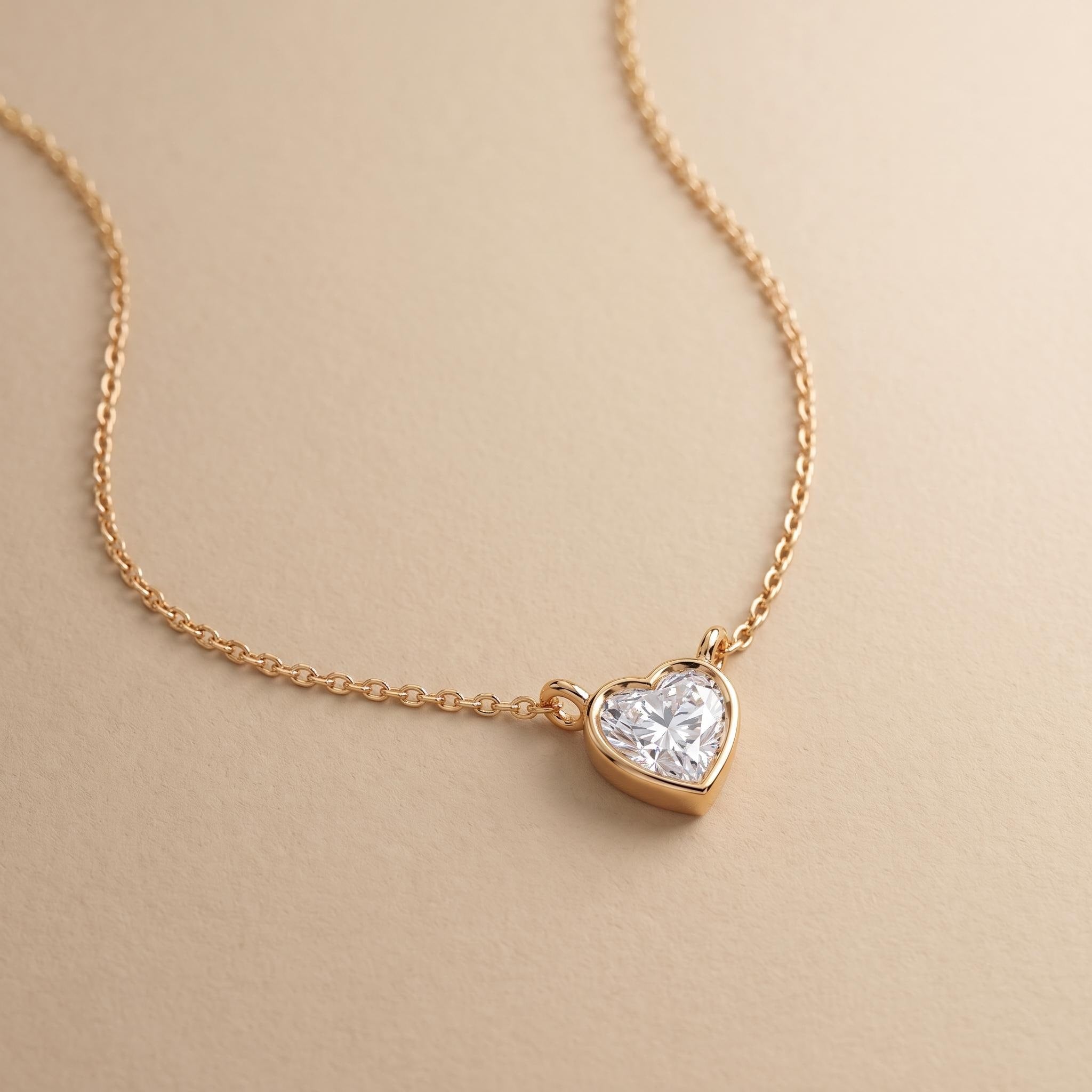 Heart Moissanite Necklace, 925 Sterling Silver Bezel Pendant, Rose Gold Chain, Anniversary Gift