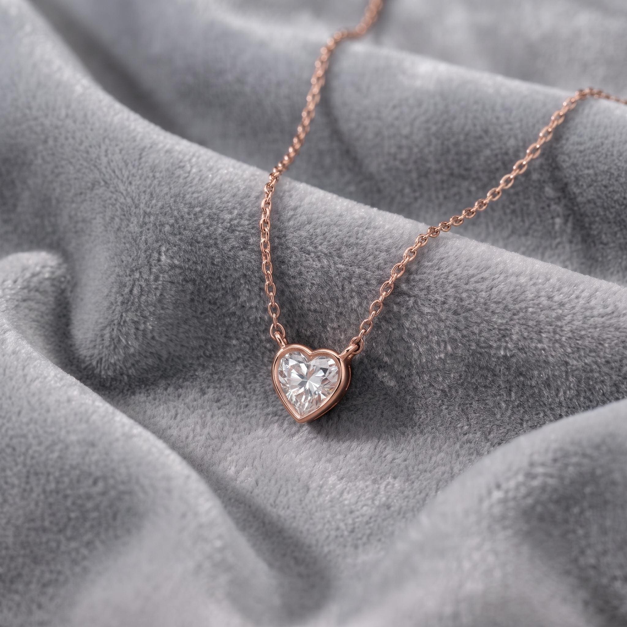 Heart Moissanite Necklace, 925 Sterling Silver Bezel Pendant, Rose Gold Chain, Anniversary Gift