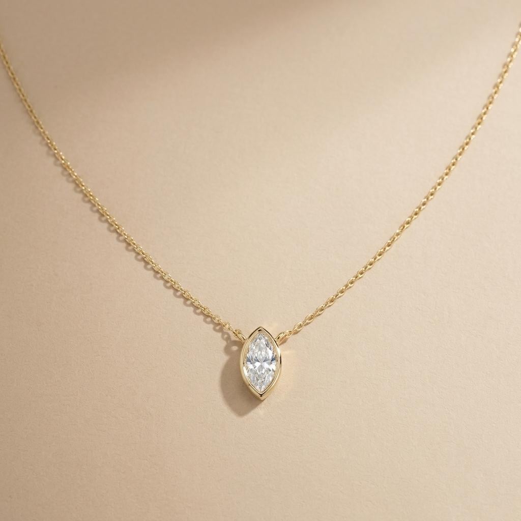 Marquise Moissanite Pendant Necklace, 925 Sterling Silver Bezel Set, Minimalist Layering Chain