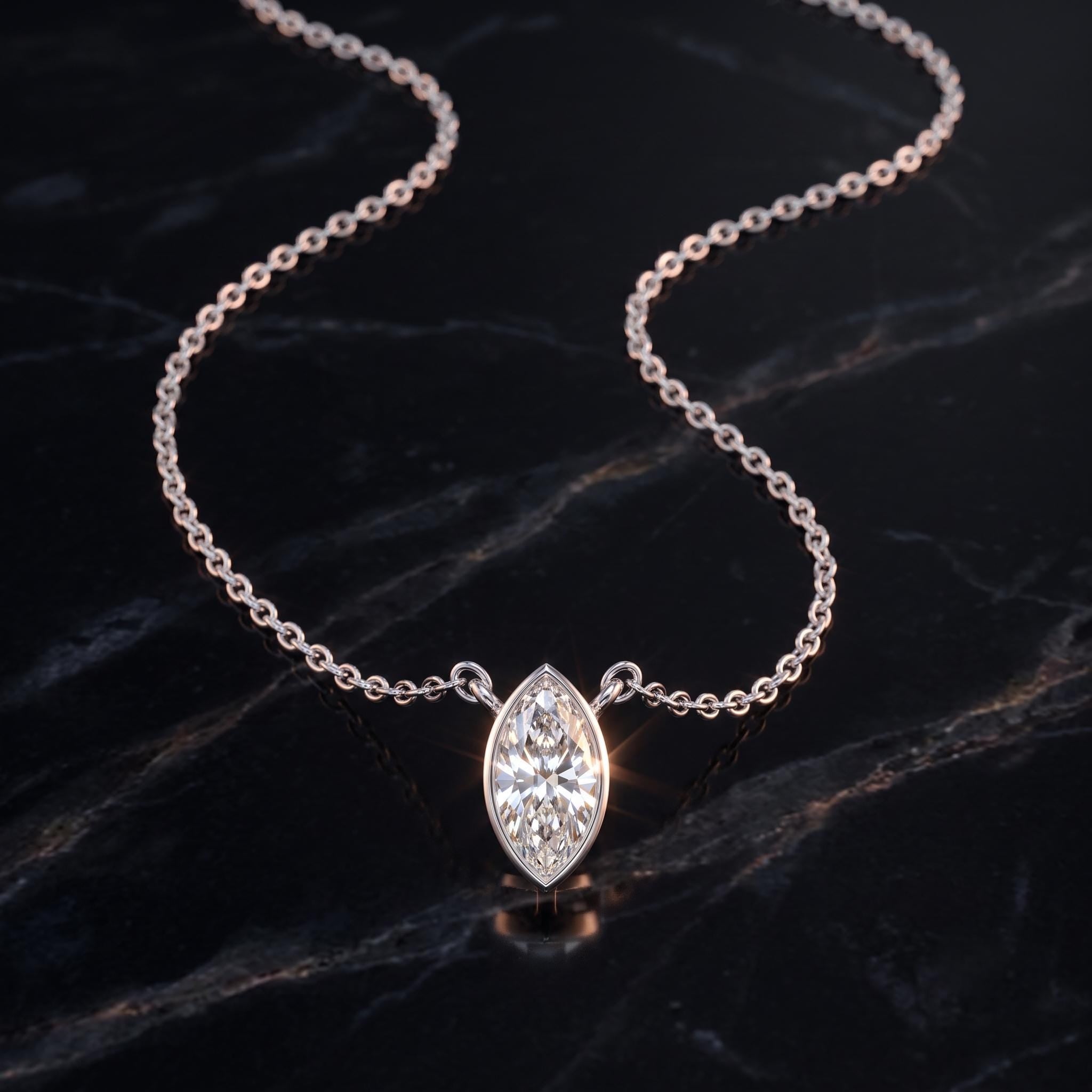 Marquise Moissanite Pendant Necklace, 925 Sterling Silver Bezel Set, Minimalist Layering Chain