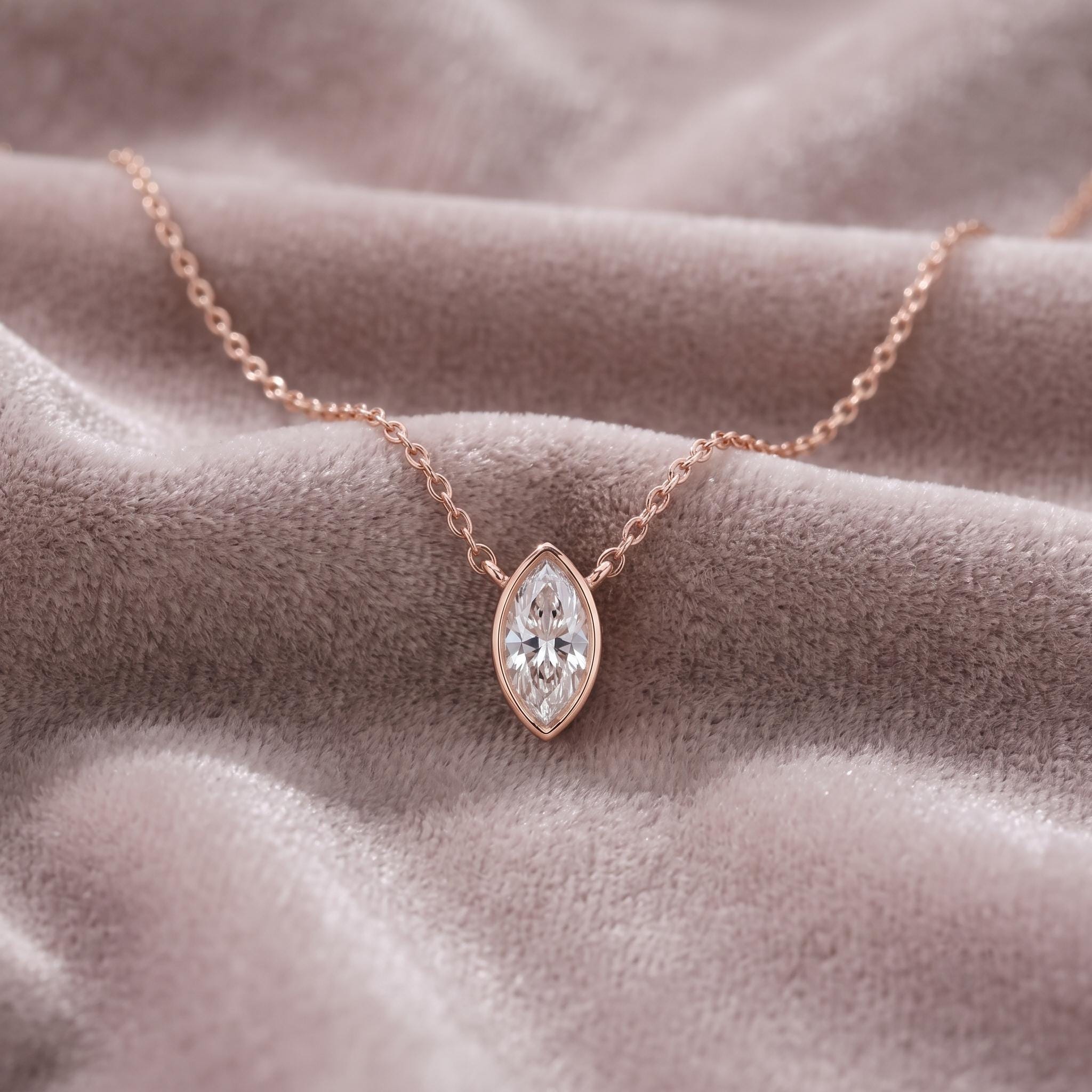 Marquise Moissanite Pendant Necklace, 925 Sterling Silver Bezel Set, Minimalist Layering Chain
