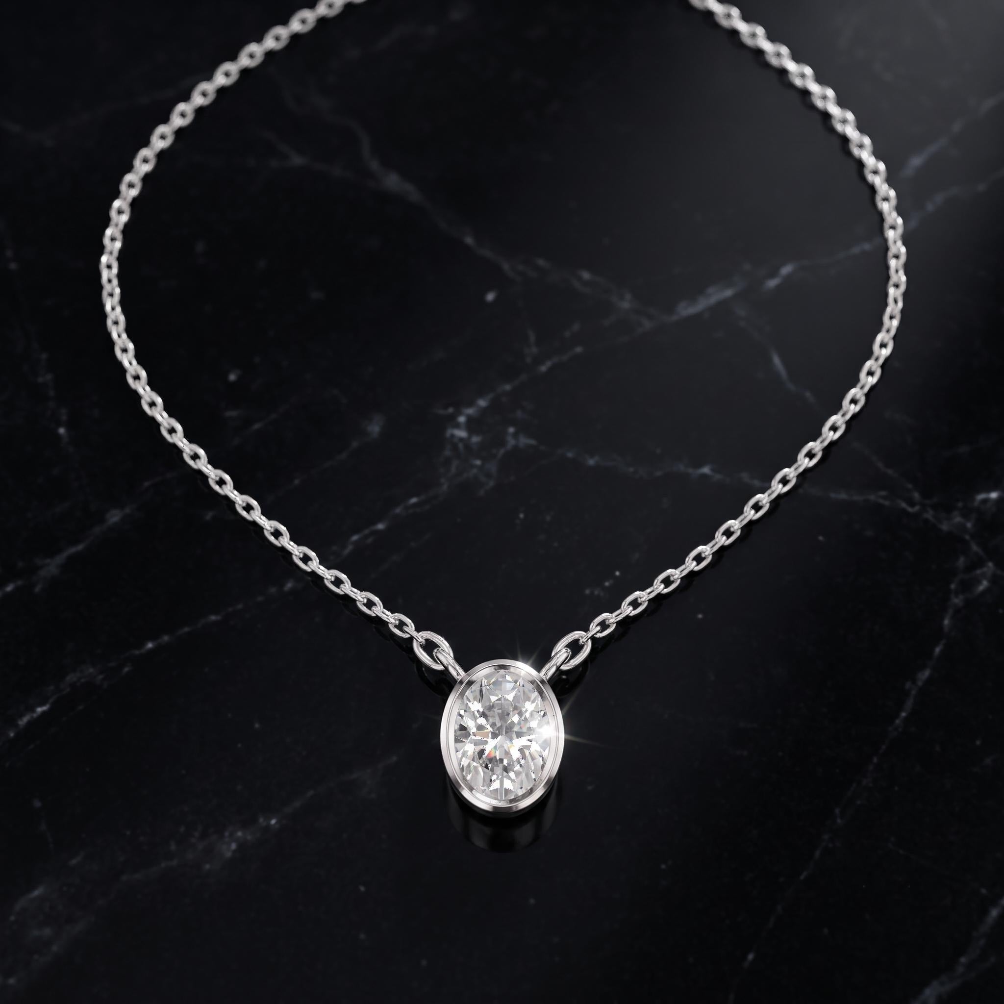 Oval Moissanite Pendant Necklace, Sterling Silver Bezel Setting, Rose Gold Choker (8mm)