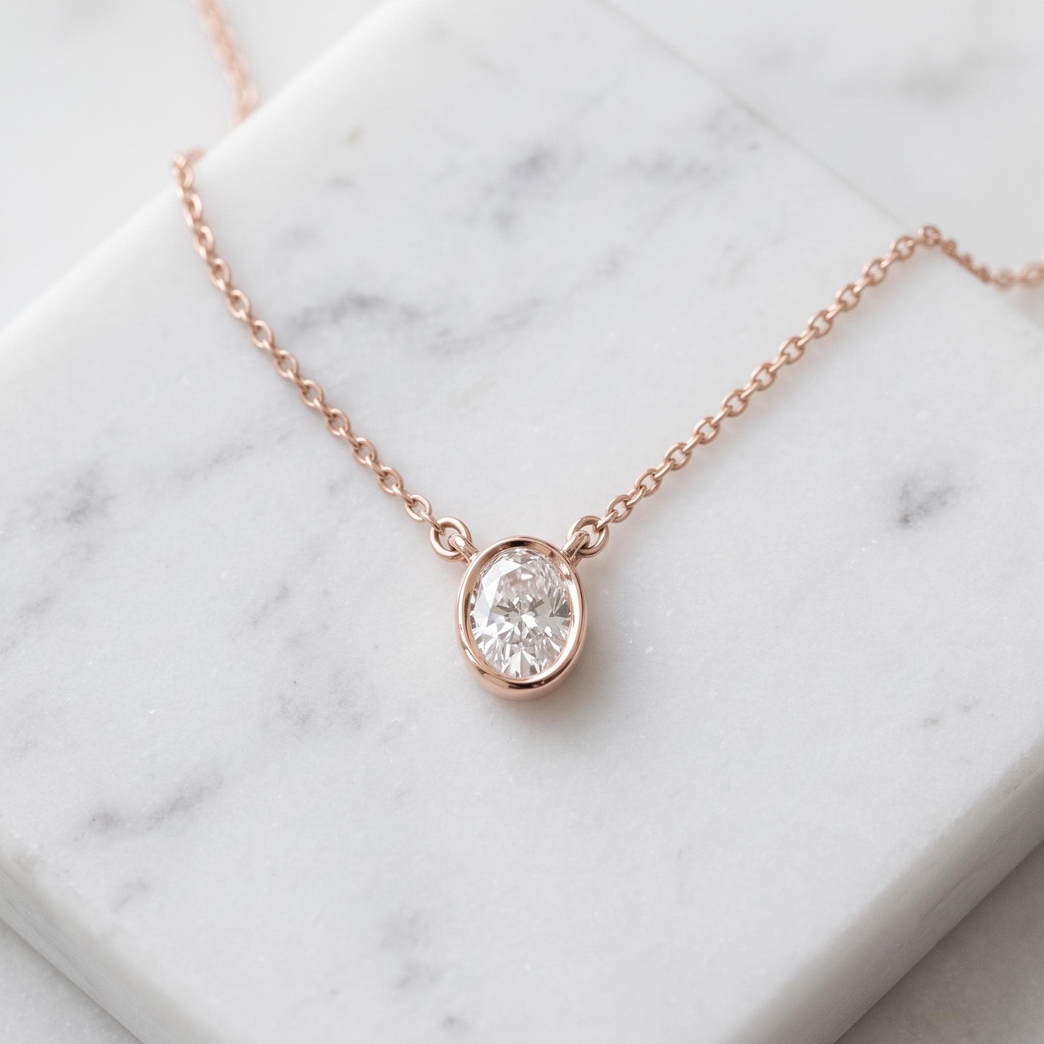 Oval Moissanite Pendant Necklace, Sterling Silver Bezel Setting, Rose Gold Choker (8mm)