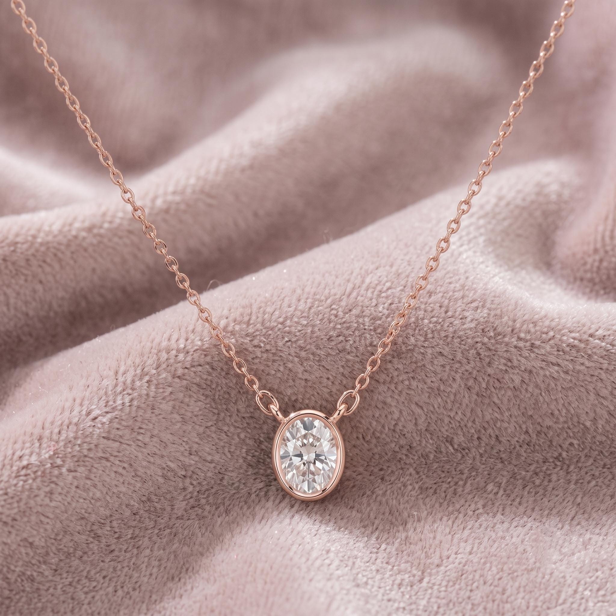Oval Moissanite Pendant Necklace, Sterling Silver Bezel Setting, Rose Gold Choker (8mm)