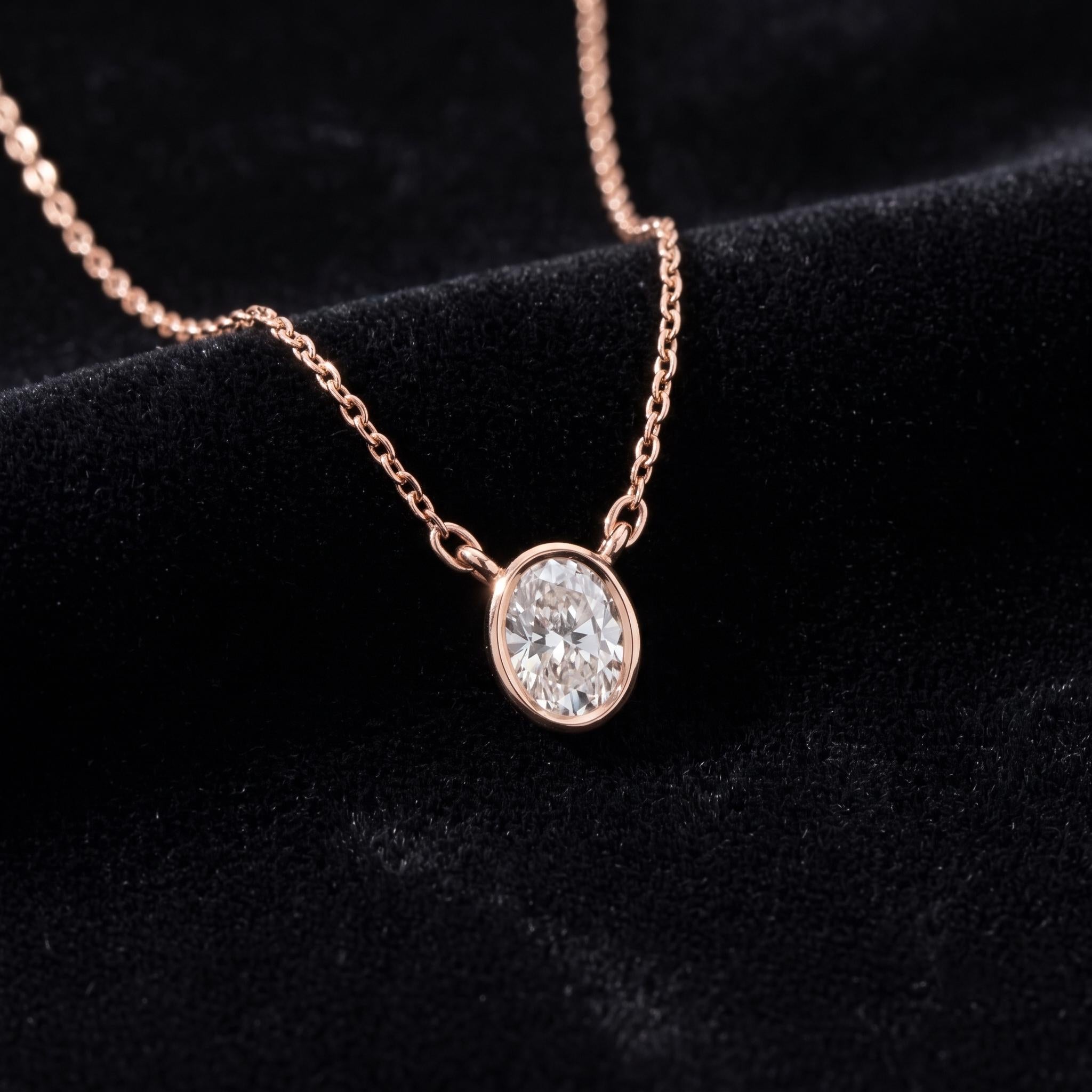 Oval Moissanite Pendant Necklace, Sterling Silver Bezel Setting, Rose Gold Choker (8mm)