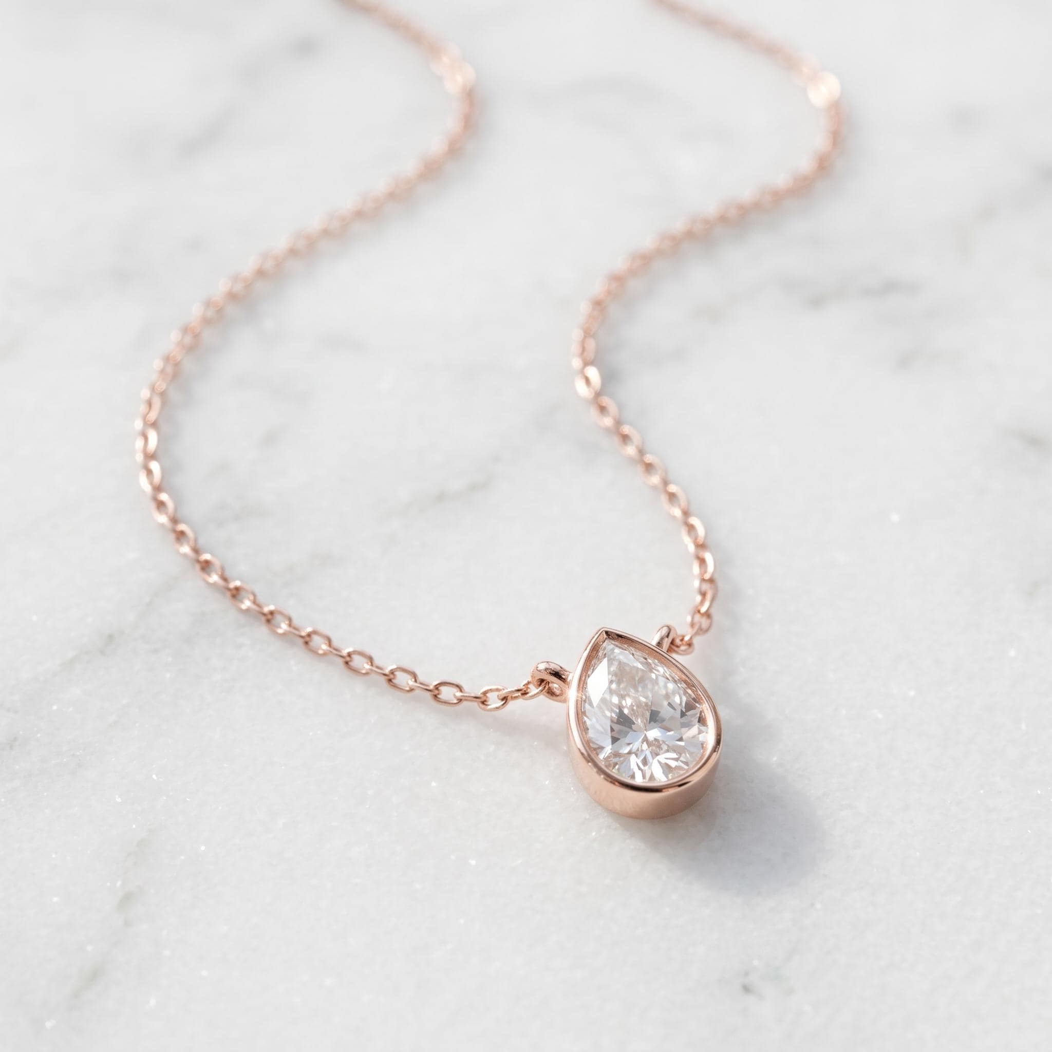 Pear Cut Moissanite Necklace, Sterling Silver Bezel Pendant, Delicate Chain