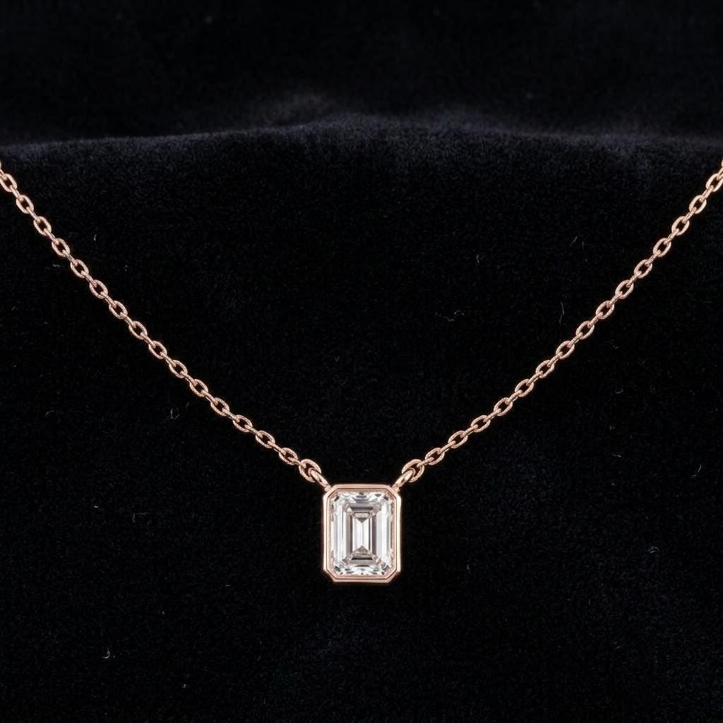 Emerald Cut Moissanite Pendant Necklace, Rose Gold Vermeil Choker, Bridal Gift