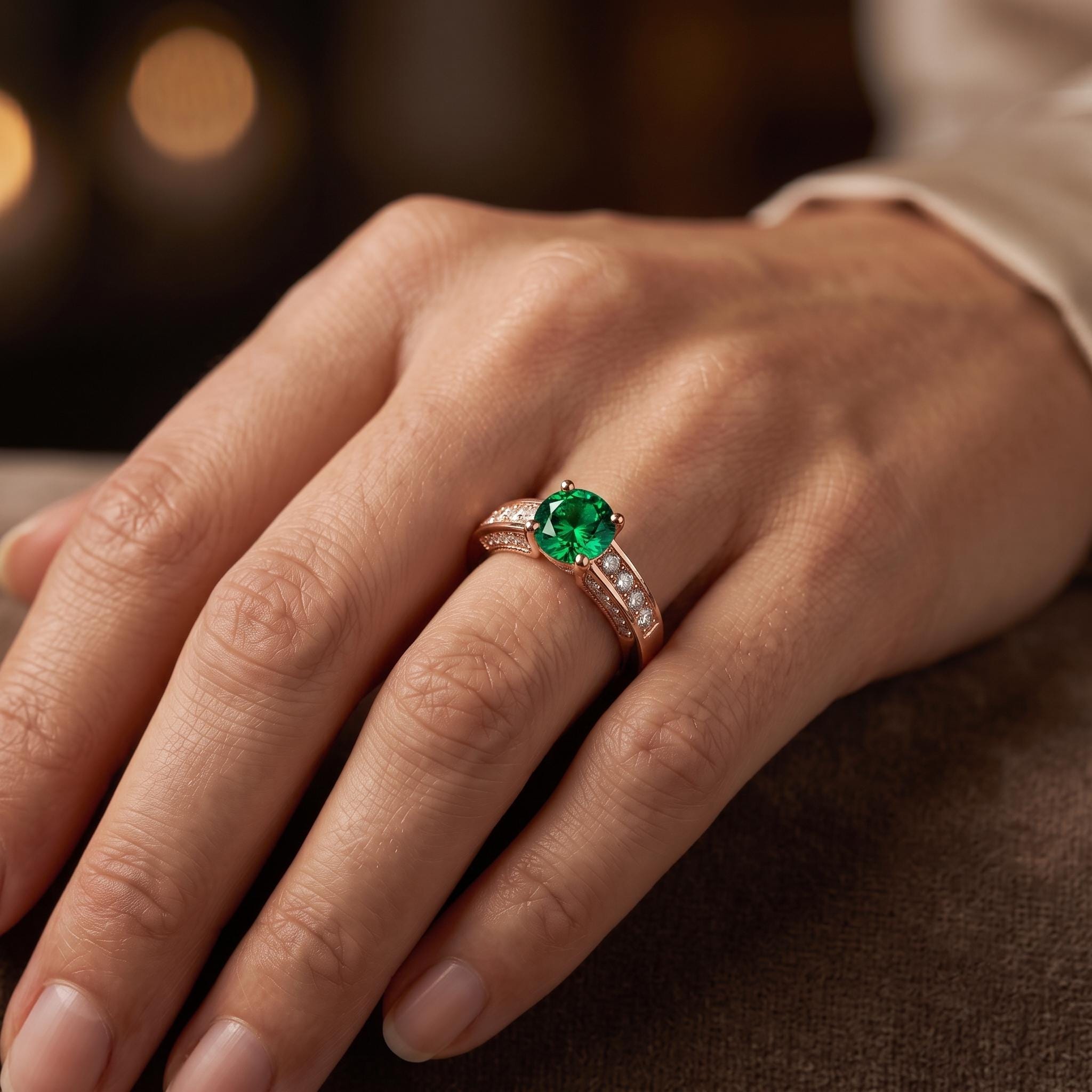 Faceted Green Gemstone Ring, 925 Sterling Silver, Moissanite Accent, Minimalist Statement Ring
