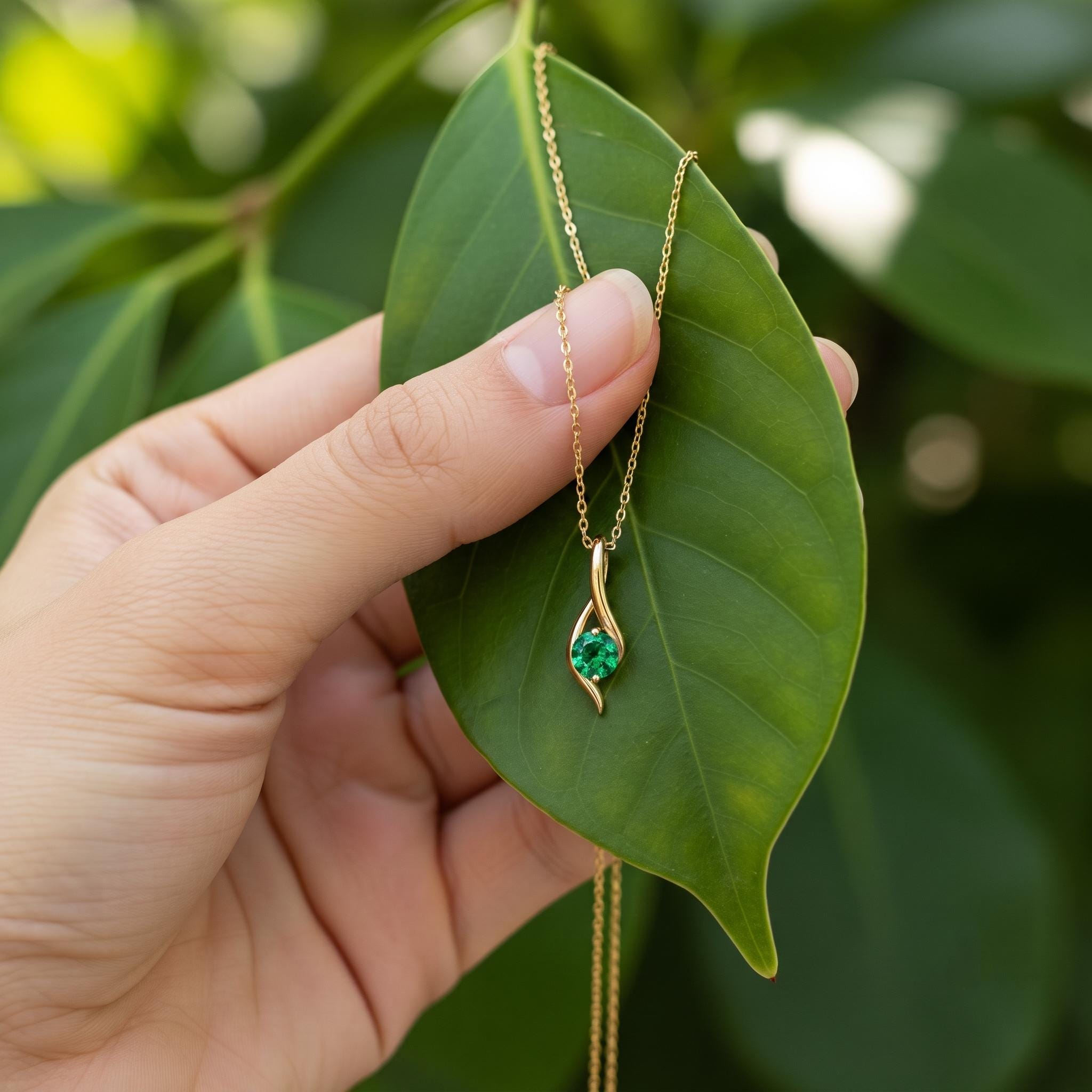 Rose Gold Plated Sterling Silver Teardrop Swirl Necklace, Lab Created Emerald Pendant