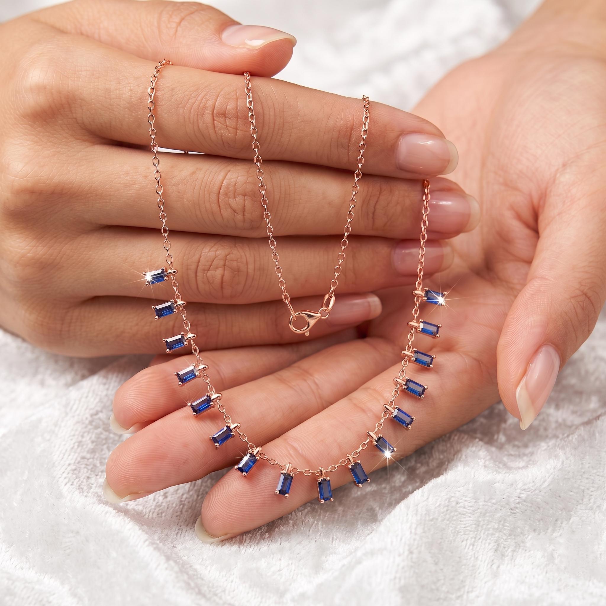 925 Sterling Silver Sapphire Baguette Drop Necklace, Minimalist Choker, September Birthstone Jewelry