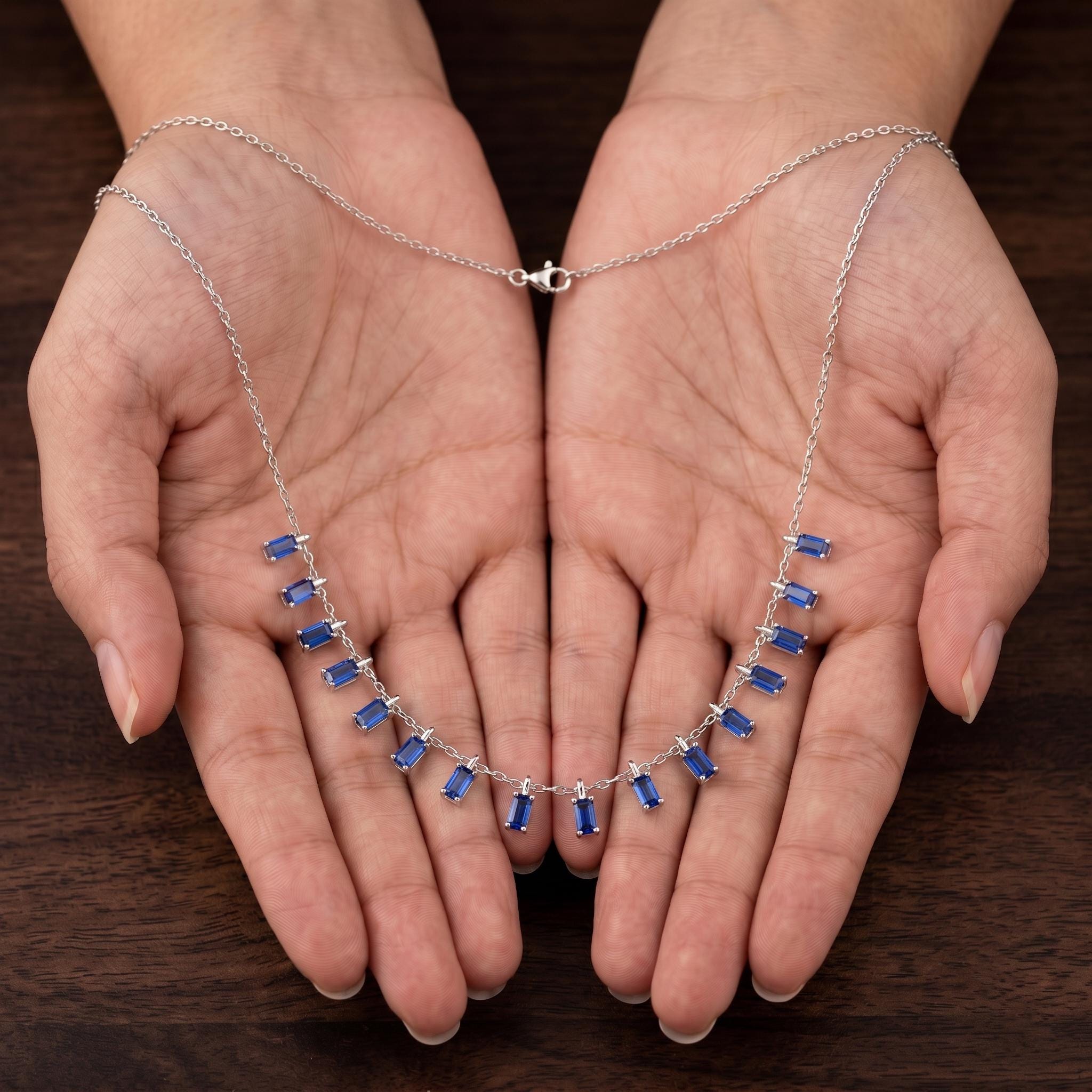 925 Sterling Silver Sapphire Baguette Drop Necklace, Minimalist Choker, September Birthstone Jewelry