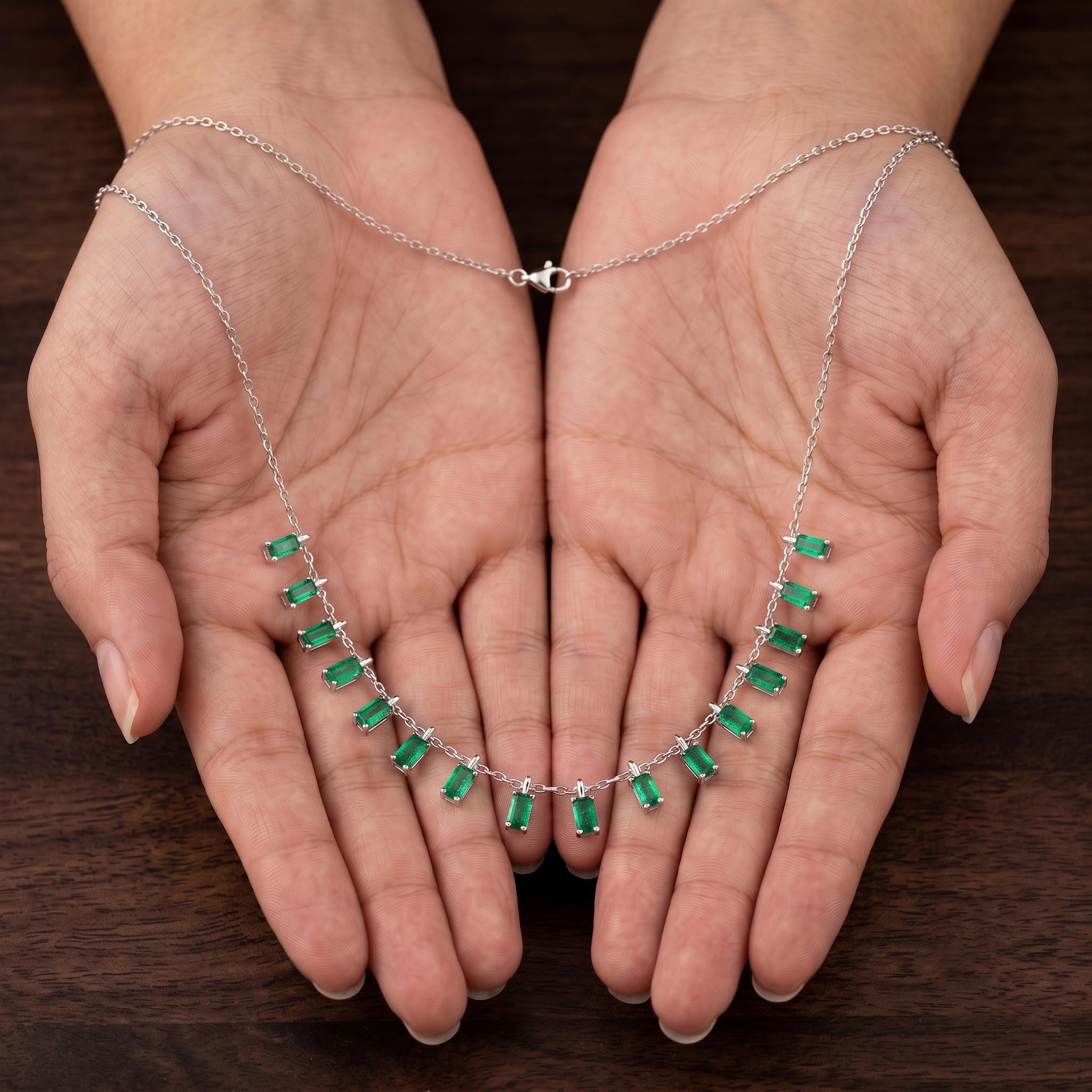 Baguette Lab-Created Emerald Choker Necklace, Sterling Silver, Bridal Gift