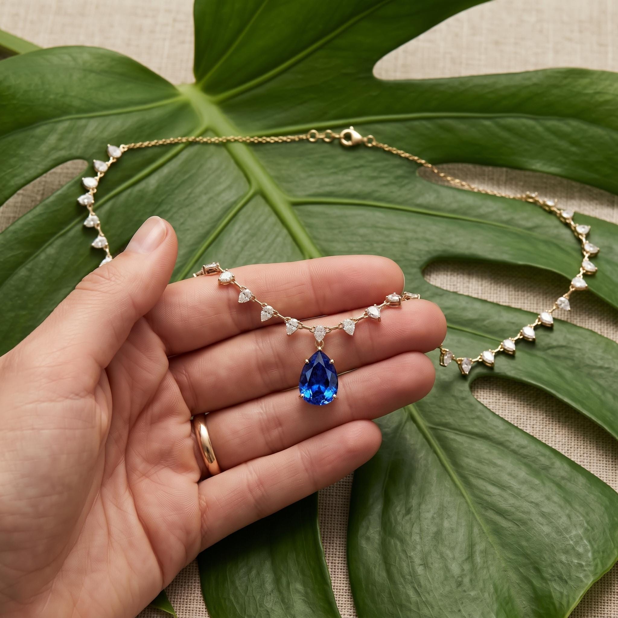 Sterling Silver Pear Moissanite Pendant Necklace, Bridal Boho Choker (18" Chain)
