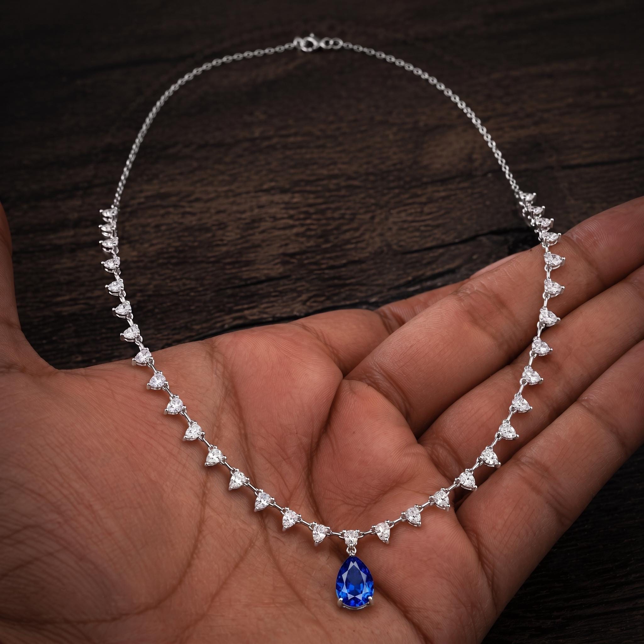 Sterling Silver Pear Moissanite Pendant Necklace, Bridal Boho Choker (18" Chain)