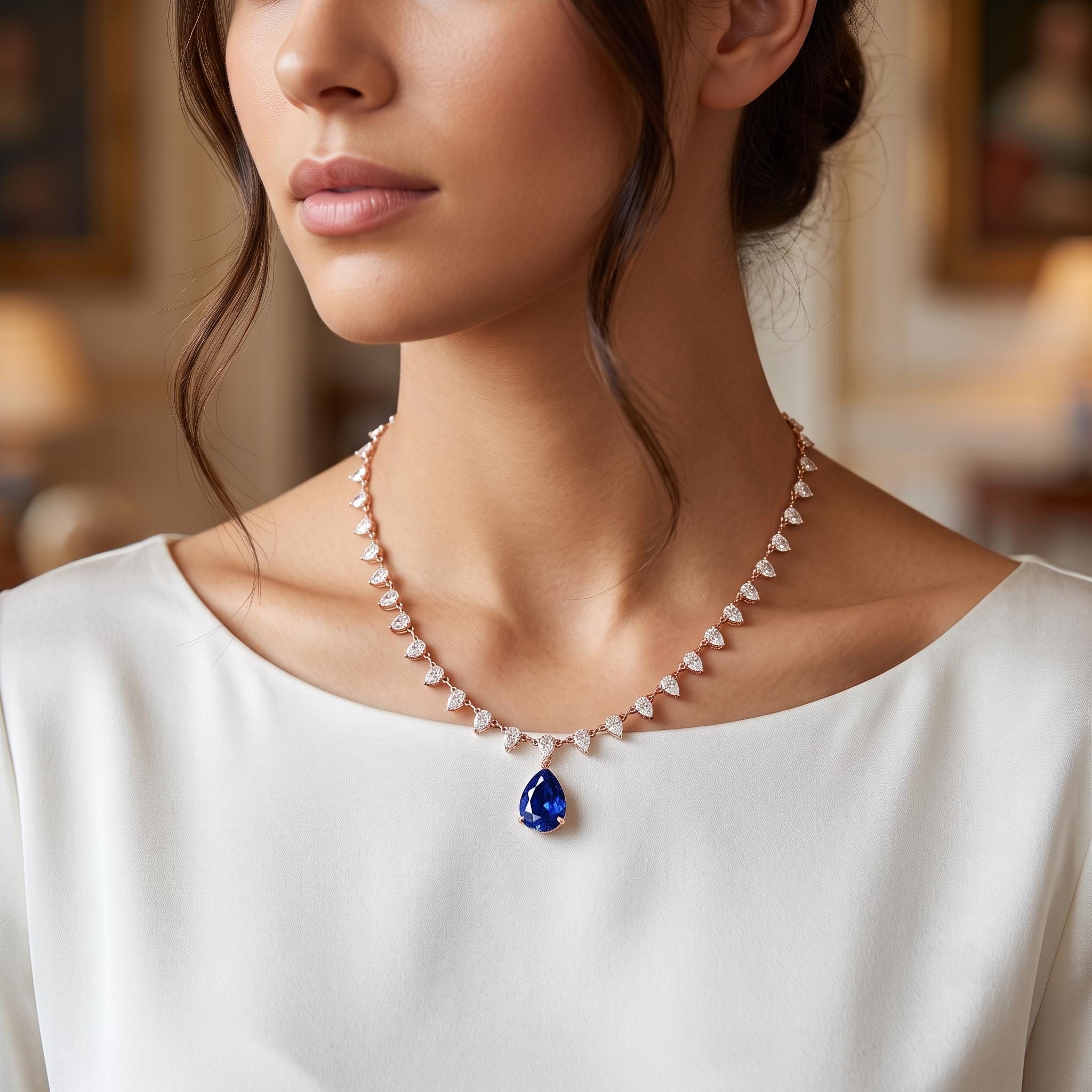 Sterling Silver Pear Moissanite Pendant Necklace, Bridal Boho Choker (18" Chain)