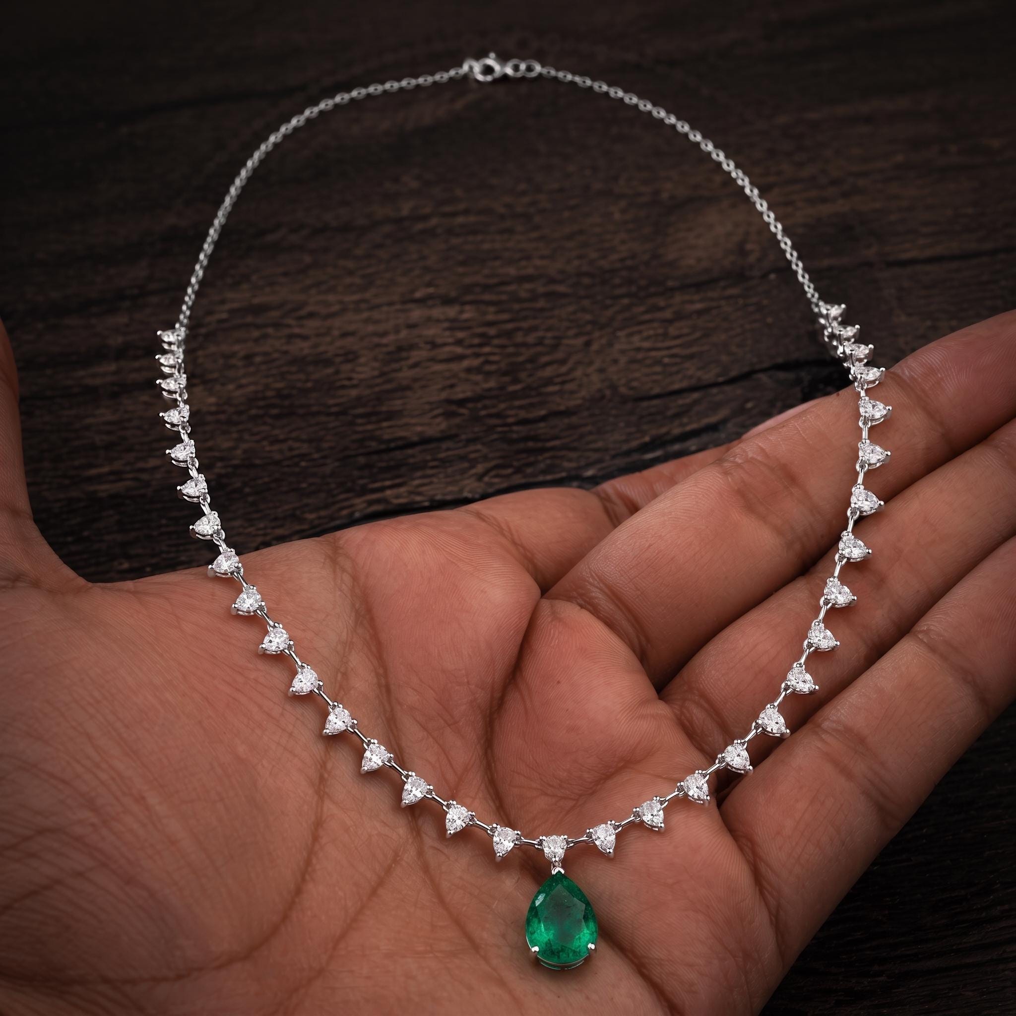 Sterling Silver Pear Moissanite Necklace, Teardrop Green Crystal Choker, Elegant Gift