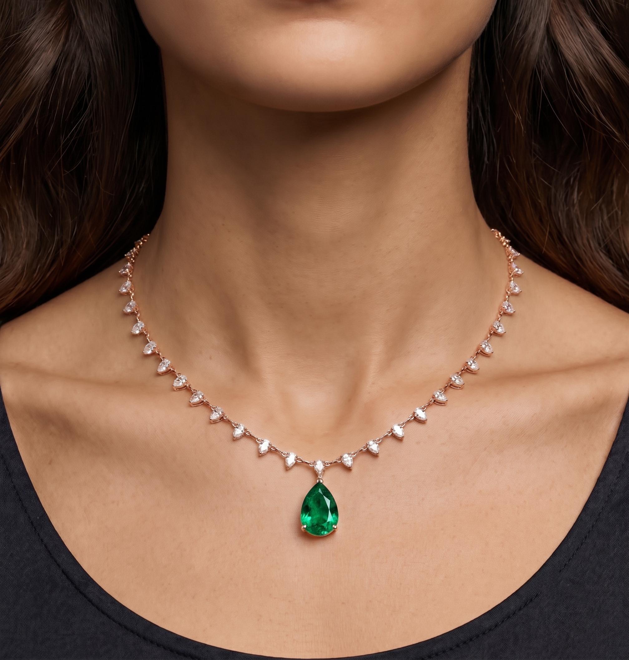 Sterling Silver Pear Moissanite Necklace, Teardrop Green Crystal Choker, Elegant Gift