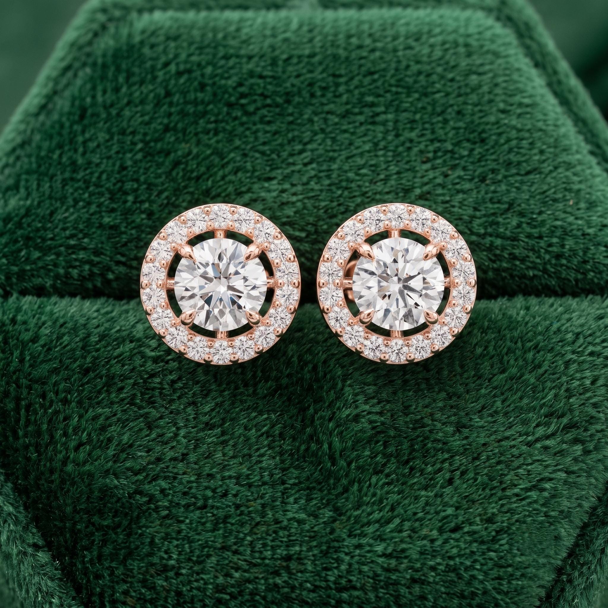 925 Sterling Silver Moissanite Halo Stud Earrings, Rose Gold Floating Design, Wedding Jewelry Gift