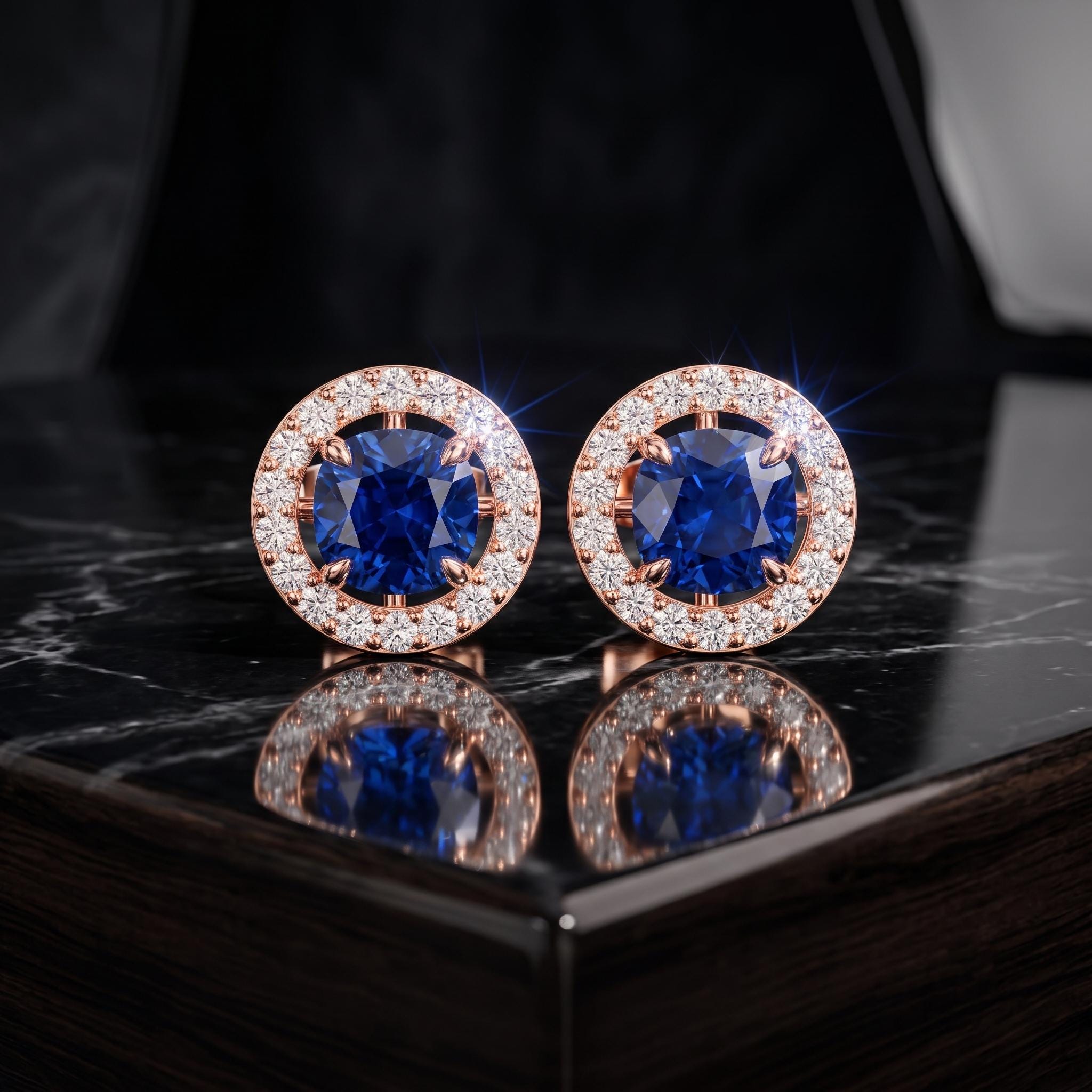 Lab Created Blue Sapphire Stud Earrings, Sterling Silver Halo, Wedding Gift, Sparkly Gemstone Earrings