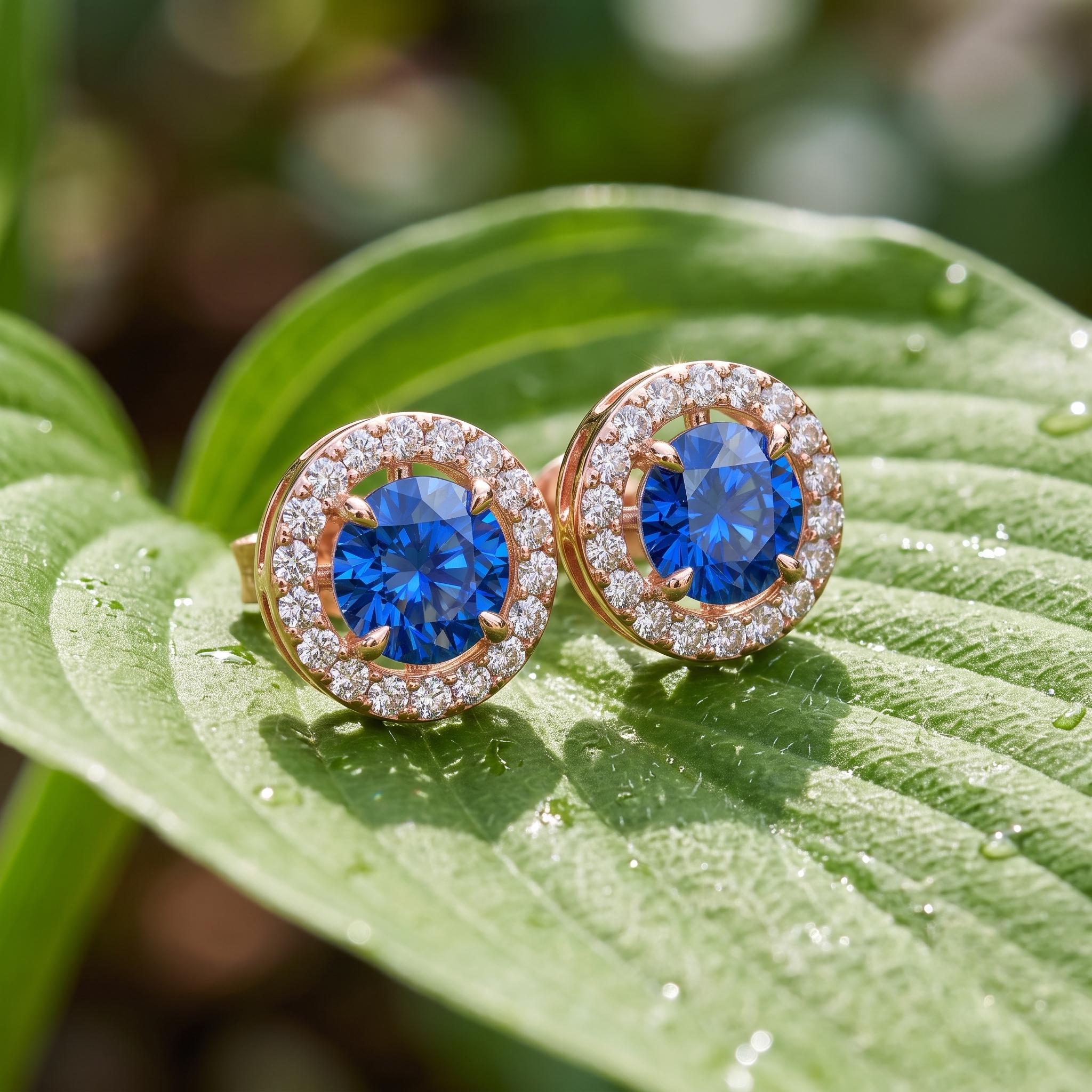 Lab Created Blue Sapphire Stud Earrings, Sterling Silver Halo, Wedding Gift, Sparkly Gemstone Earrings