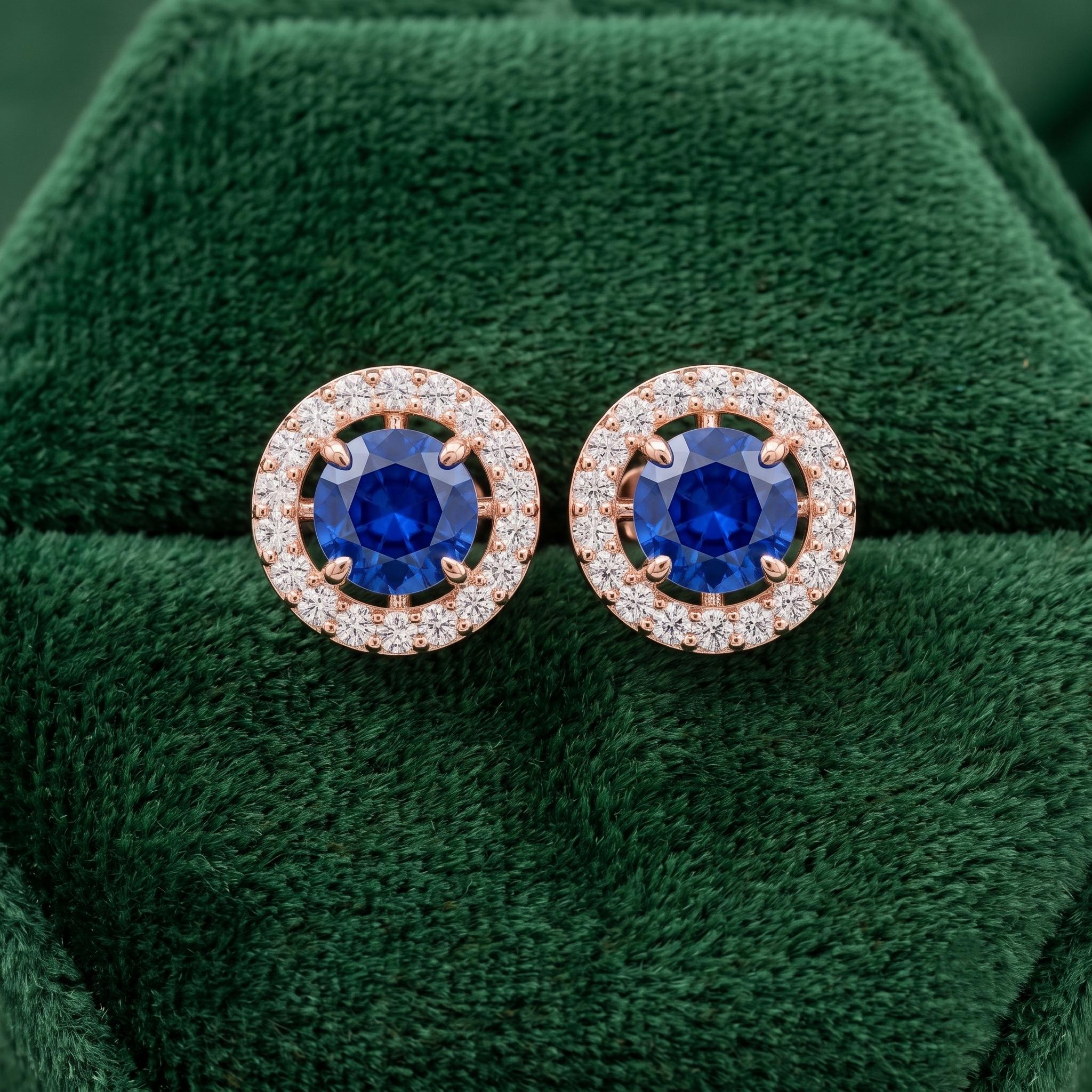 Lab Created Blue Sapphire Stud Earrings, Sterling Silver Halo, Wedding Gift, Sparkly Gemstone Earrings