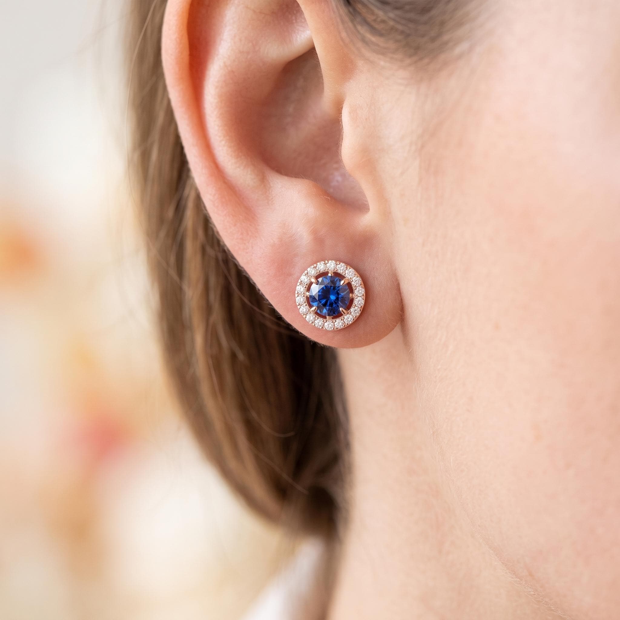 Lab Created Blue Sapphire Stud Earrings, Sterling Silver Halo, Wedding Gift, Sparkly Gemstone Earrings