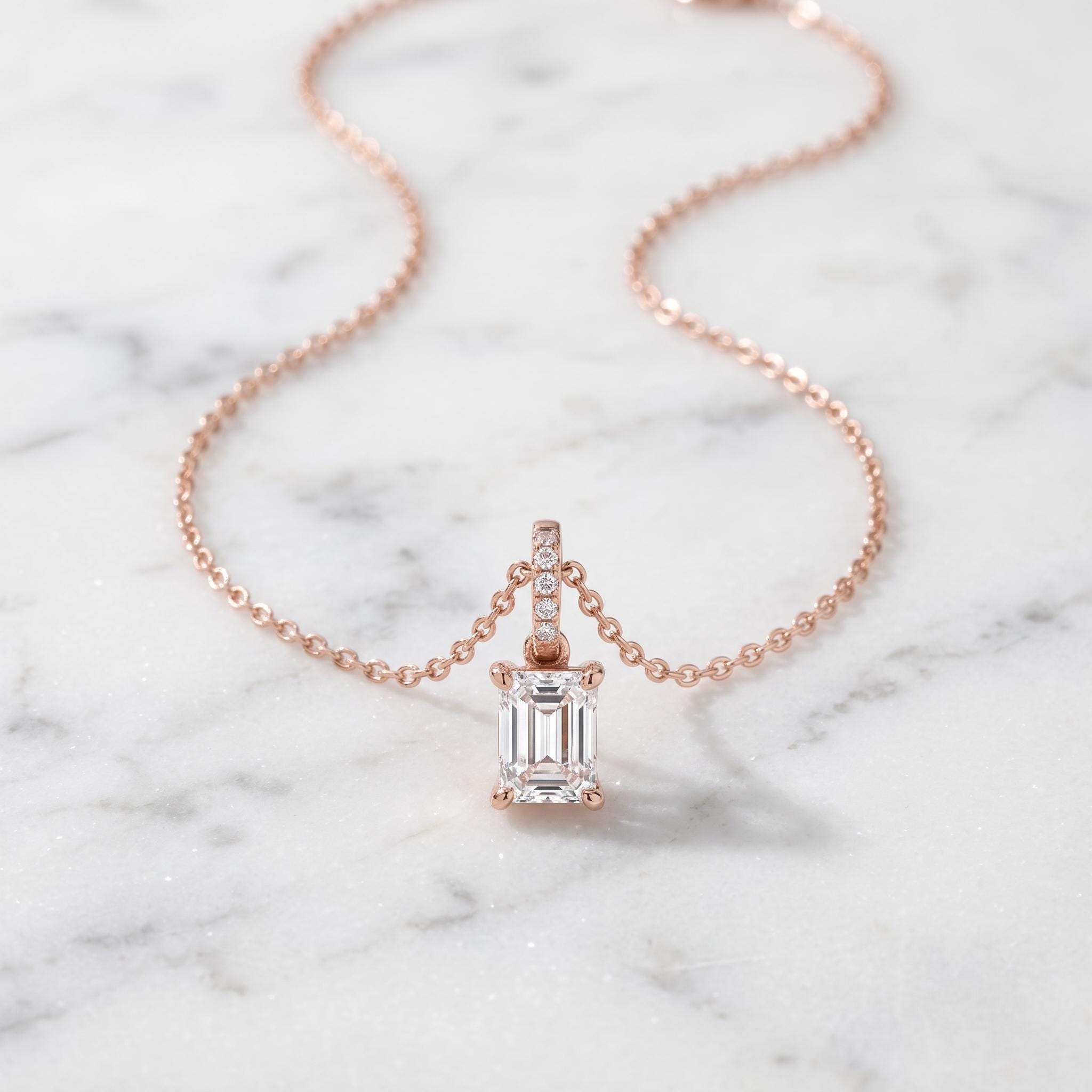 Emerald Cut Moissanite Pendant Necklace, 925 Sterling Silver Chain, Rose Gold Minimalist Jewelry