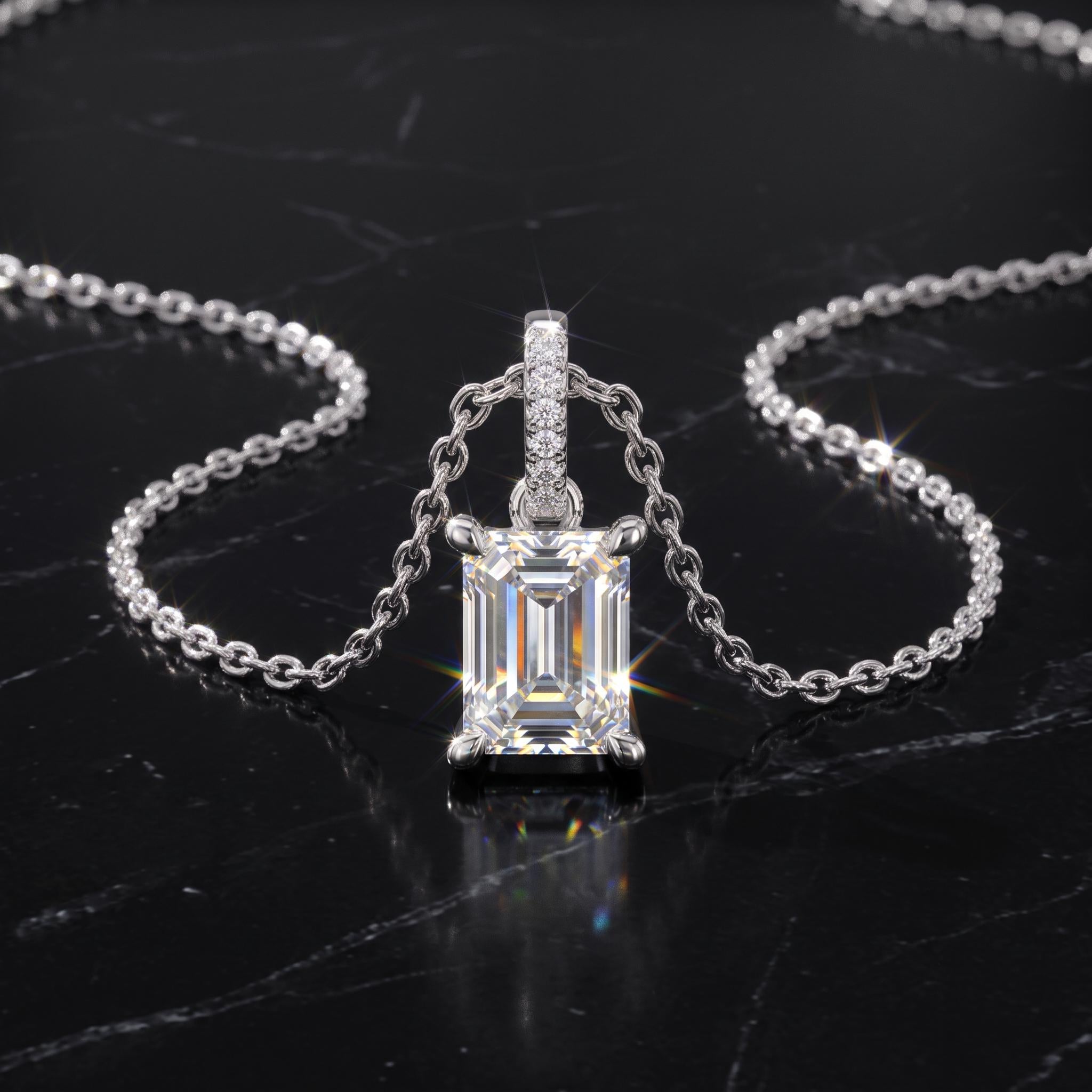 Emerald Cut Moissanite Pendant Necklace, 925 Sterling Silver Chain, Rose Gold Minimalist Jewelry
