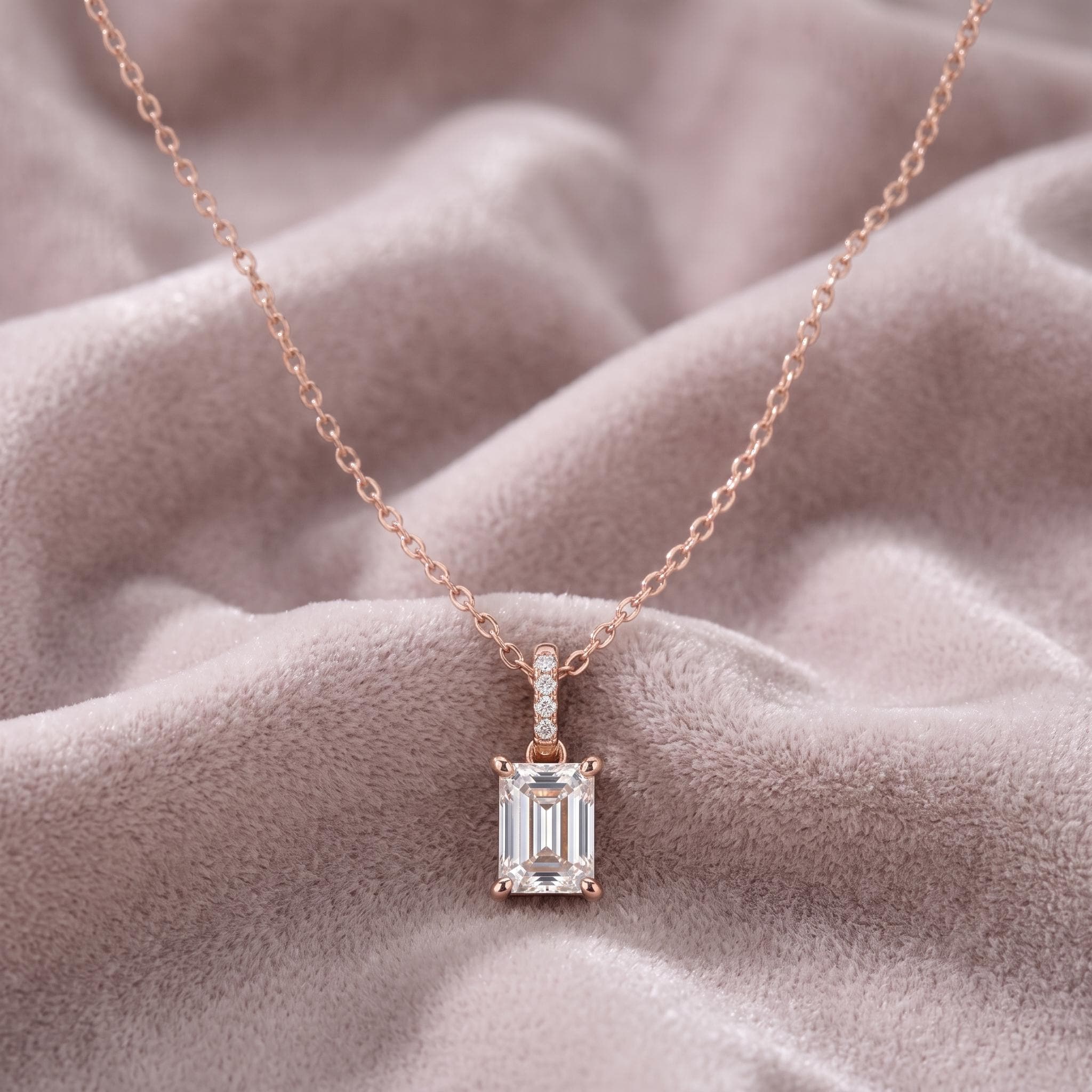 Emerald Cut Moissanite Pendant Necklace, 925 Sterling Silver Chain, Rose Gold Minimalist Jewelry