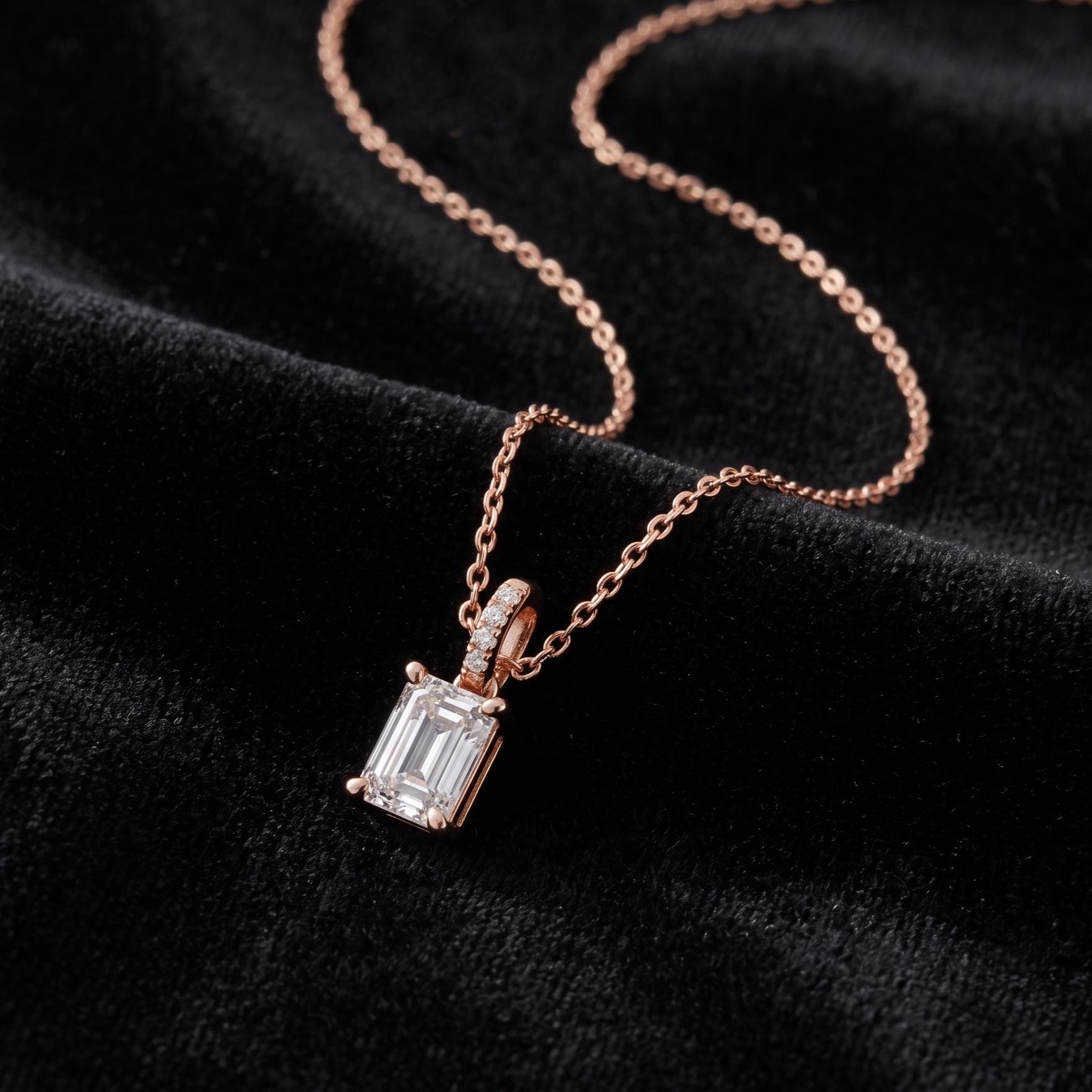 Emerald Cut Moissanite Pendant Necklace, 925 Sterling Silver Chain, Rose Gold Minimalist Jewelry