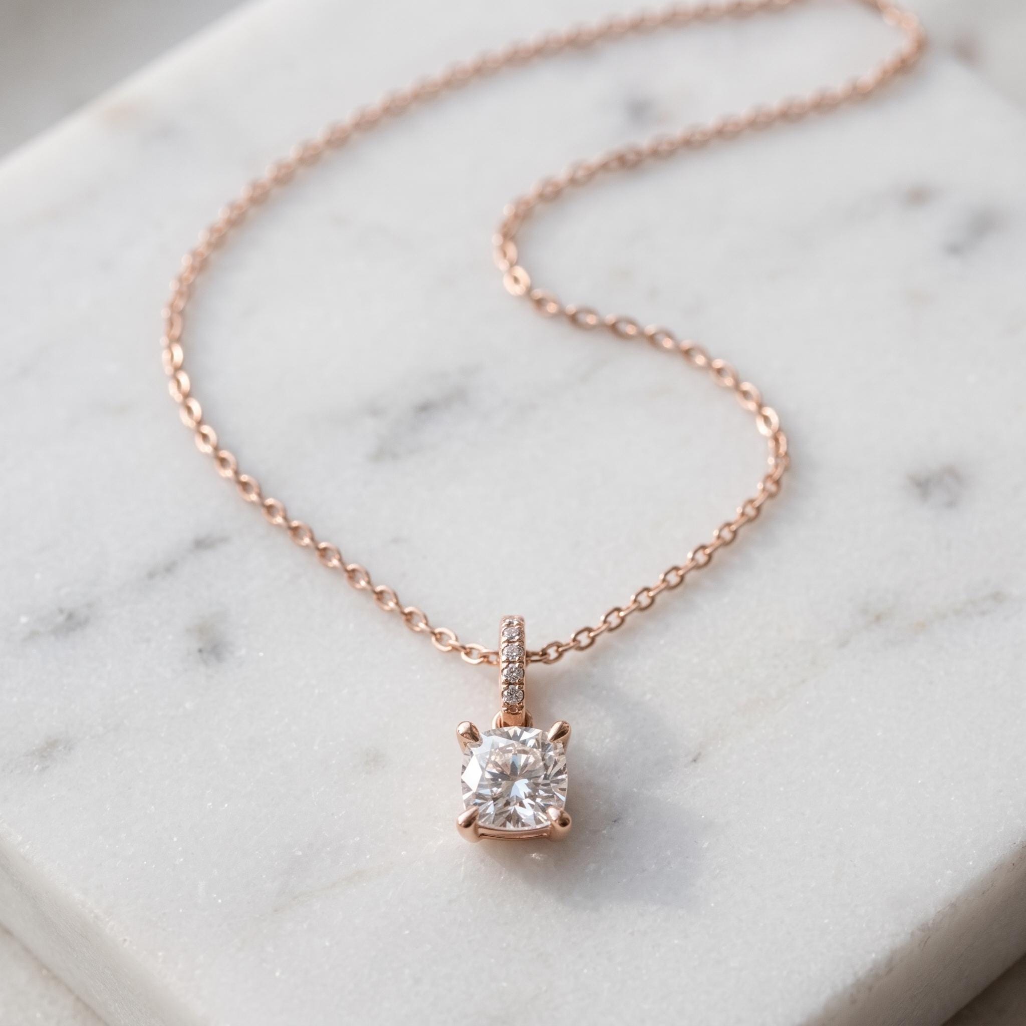 Cushion Cut Moissanite Solitaire Pendant, 925 Sterling Silver, Rose Gold Plated Necklace