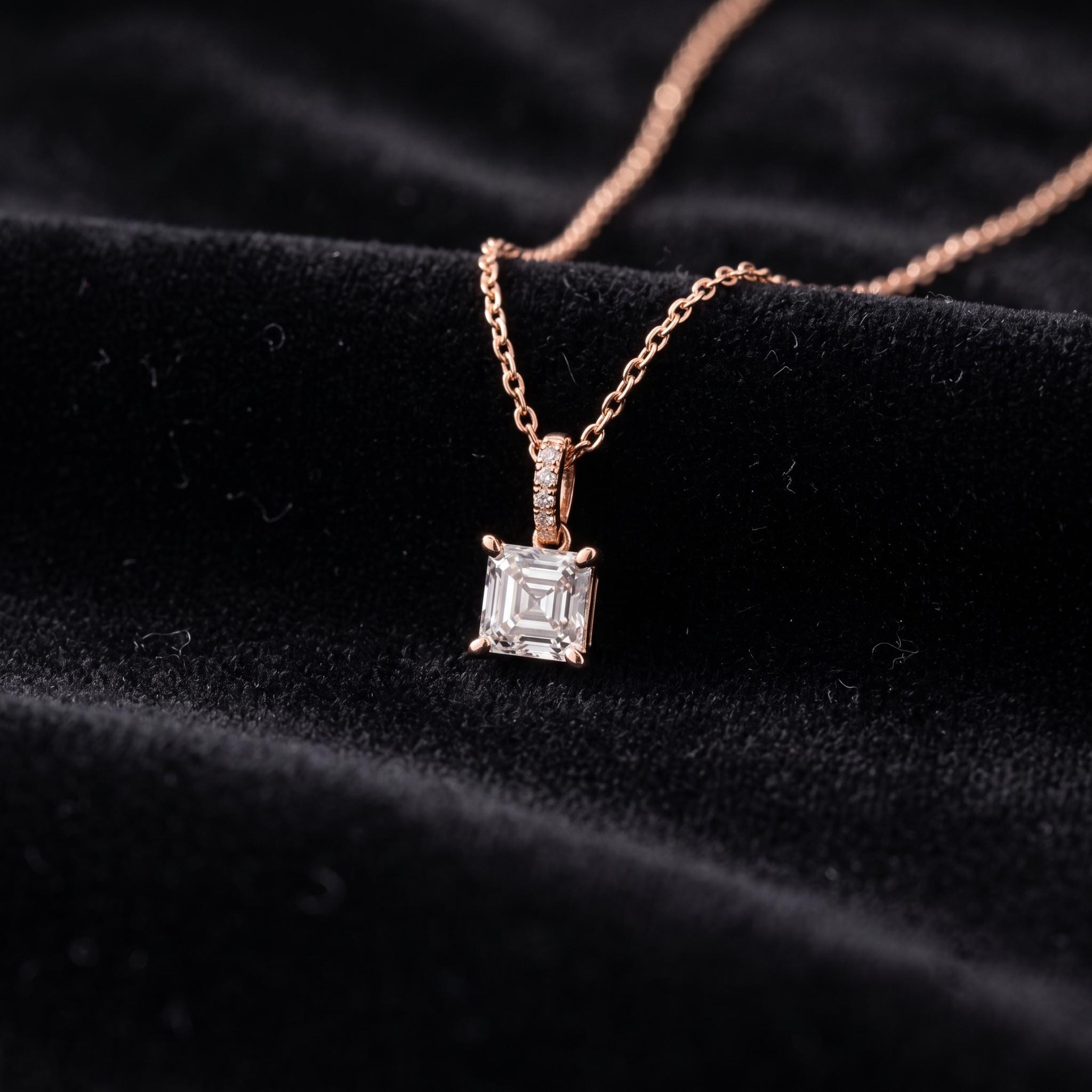 Asscher Cut Moissanite Pendant Necklace, 925 Sterling Silver, Rose Gold Plated, Minimalist Bridal Jewelry