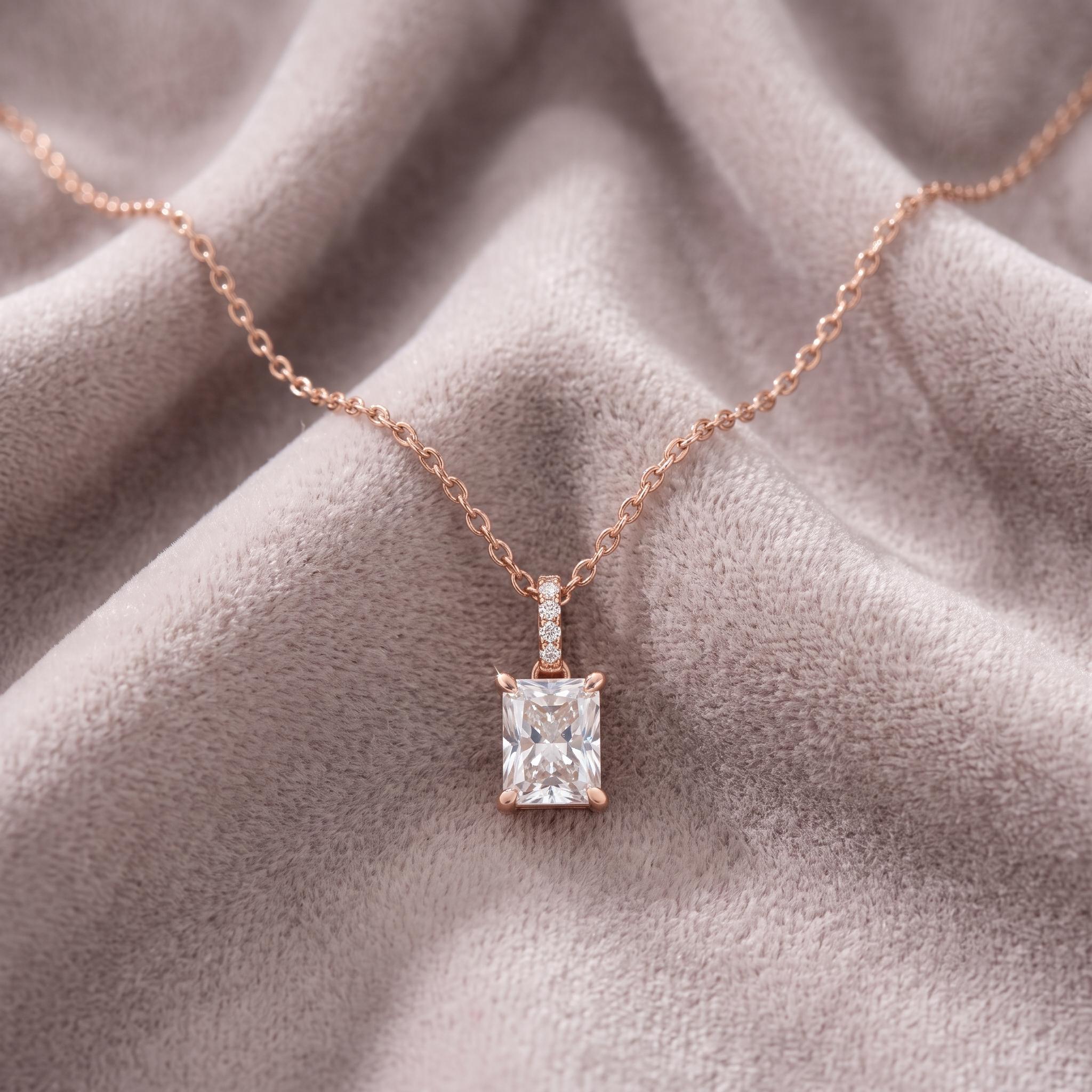 Radiant Cut Moissanite Pendant Necklace, 925 Sterling Silver, Rose Gold Charm, Dainty Bridal Jewelry