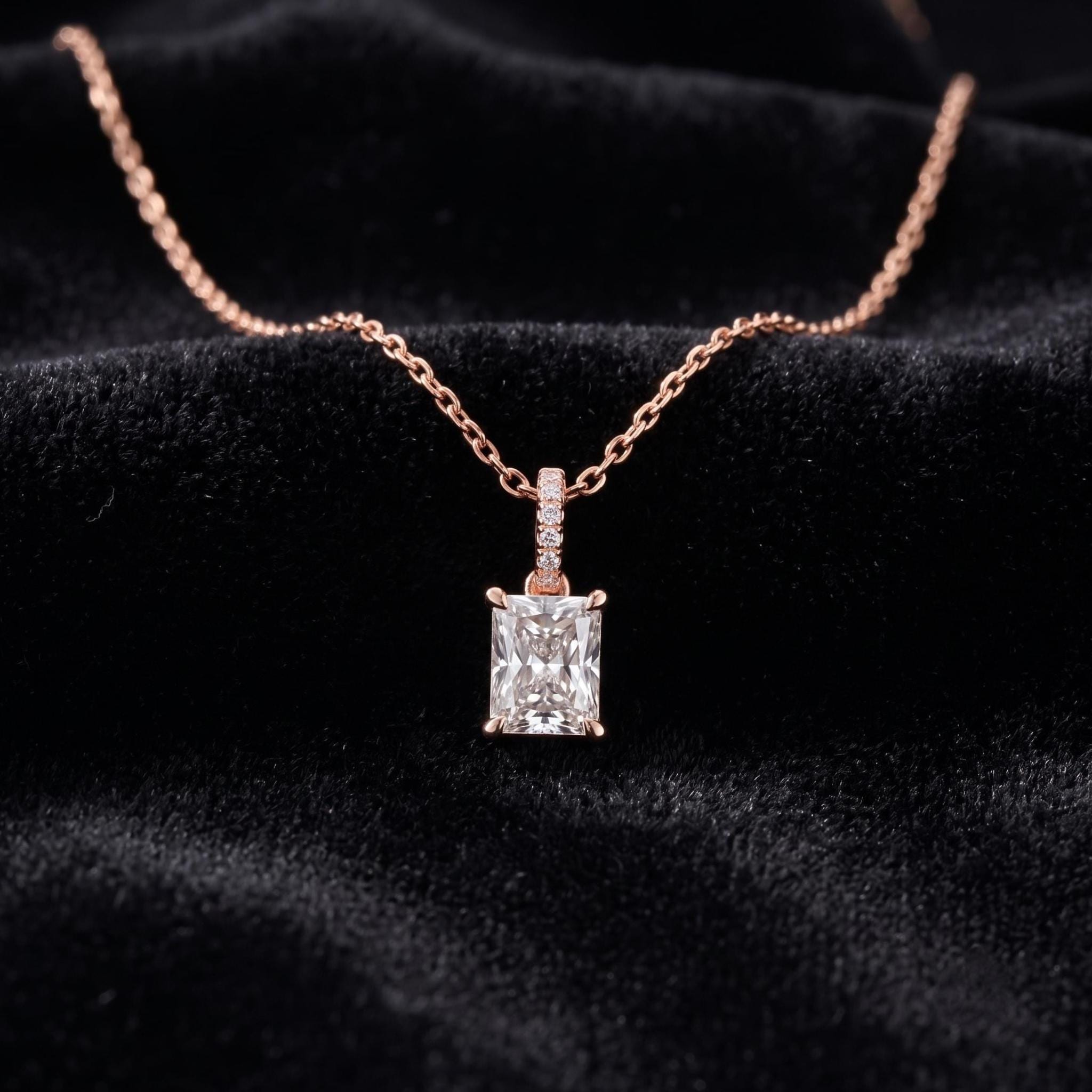 Radiant Cut Moissanite Pendant Necklace, 925 Sterling Silver, Rose Gold Charm, Dainty Bridal Jewelry