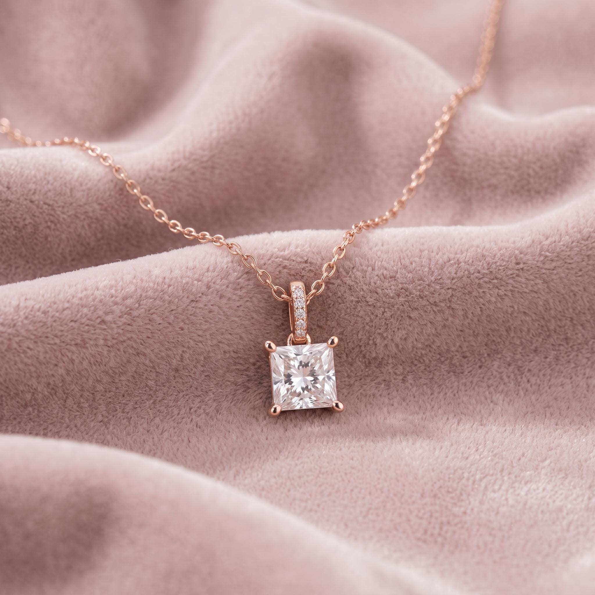 Radiant Cut Moissanite Pendant Necklace, 925 Sterling Silver, Rose Gold Choker (8mm)