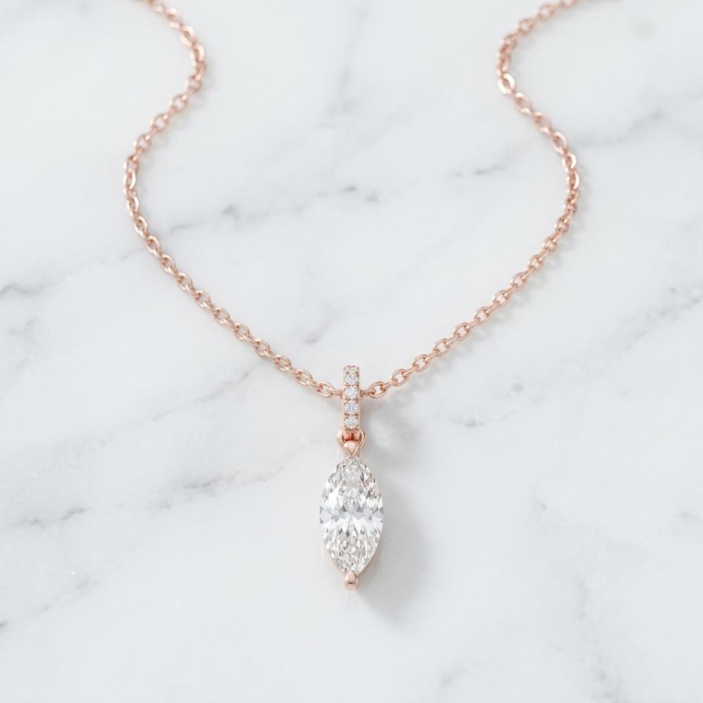 Marquise Moissanite Pendant Necklace, 925 Sterling Silver Choker, Pave Bail Drop Charm