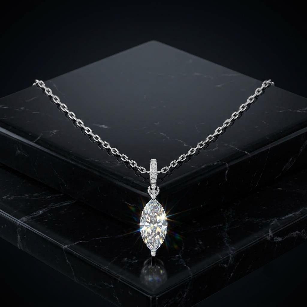 Marquise Moissanite Pendant Necklace, 925 Sterling Silver Choker, Pave Bail Drop Charm