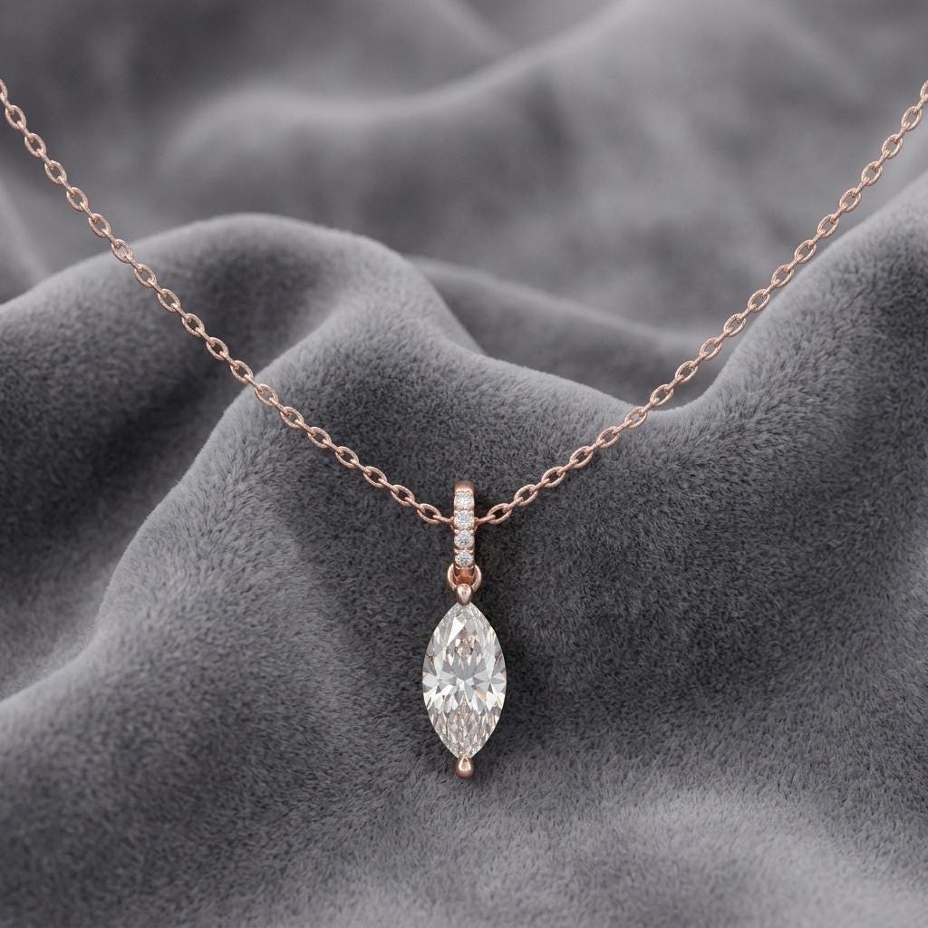 Marquise Moissanite Pendant Necklace, 925 Sterling Silver Choker, Pave Bail Drop Charm