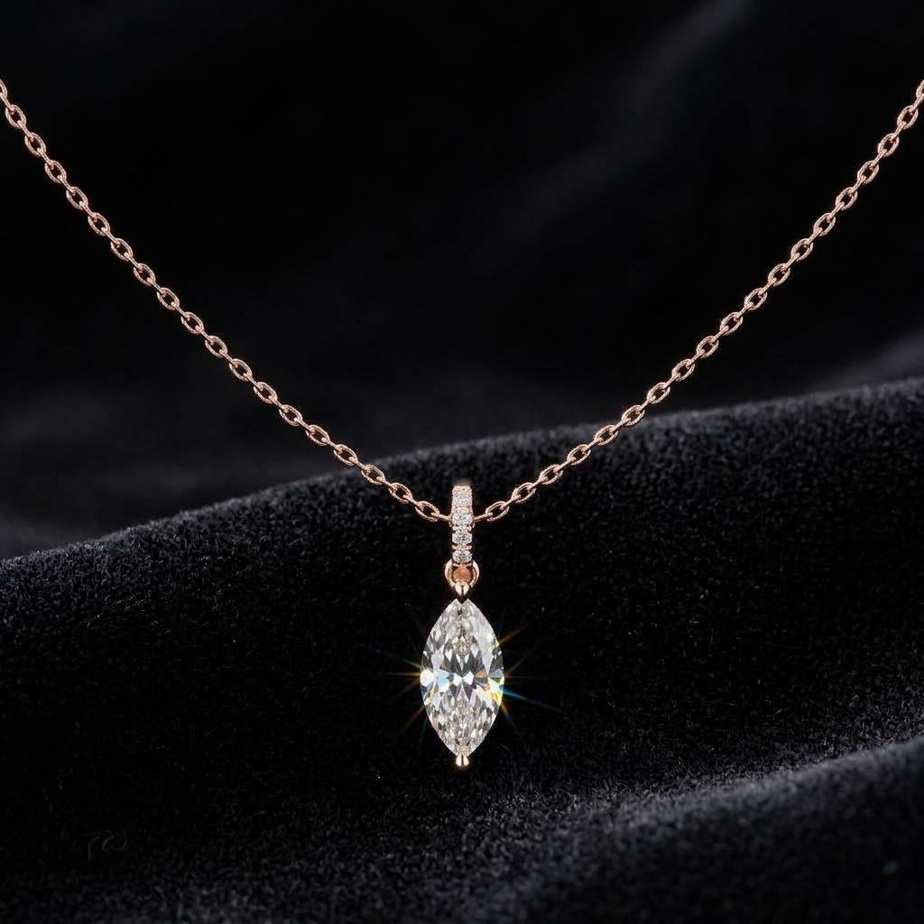 Marquise Moissanite Pendant Necklace, 925 Sterling Silver Choker, Pave Bail Drop Charm