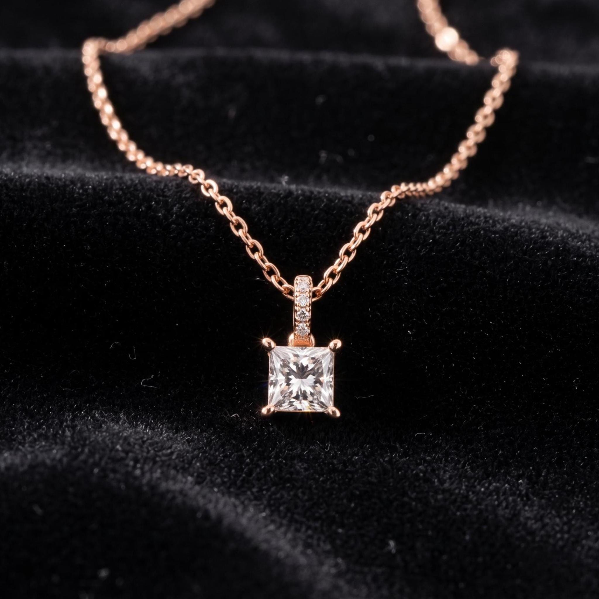 Radiant Cut Moissanite Pendant Necklace, 925 Sterling Silver, Rose Gold Choker (8mm)