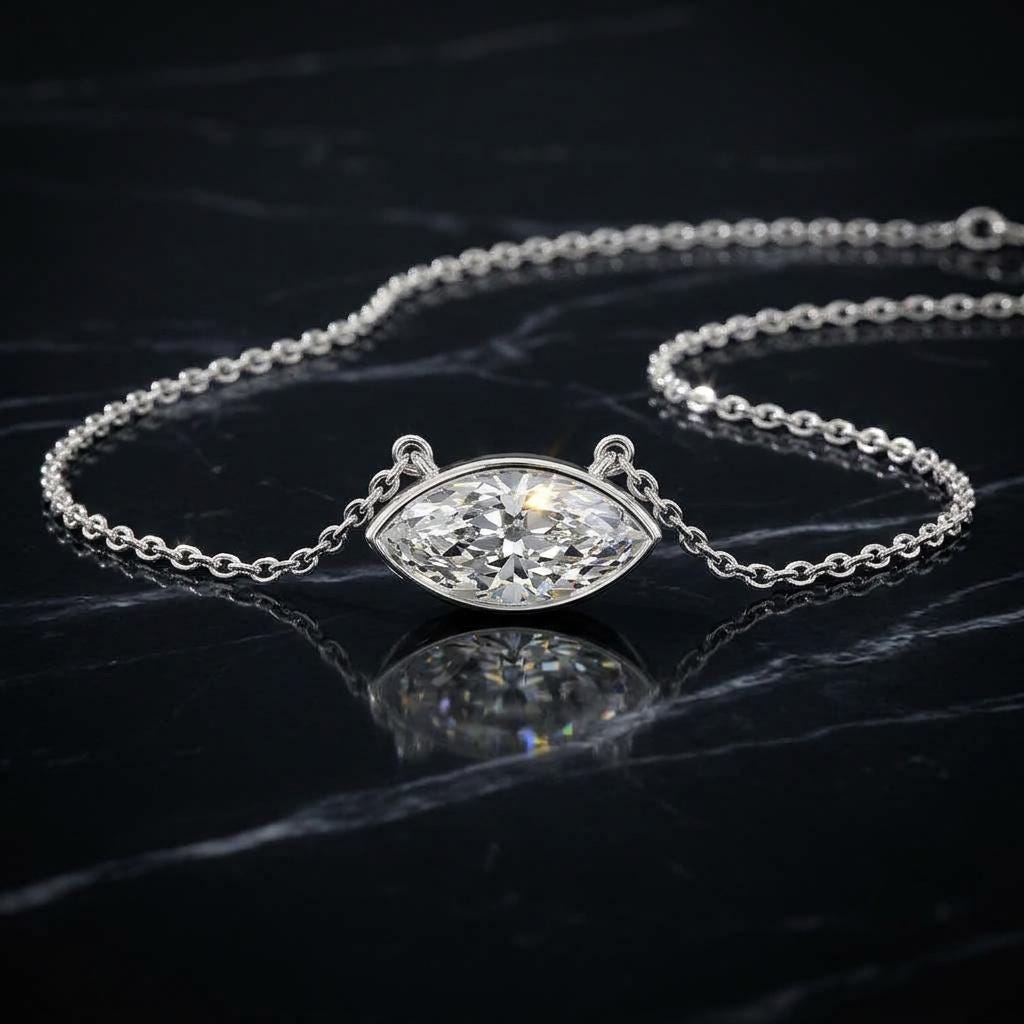Marquise Moissanite Choker Necklace, 925 Sterling Silver Bezel Set, Dainty Layering Gift