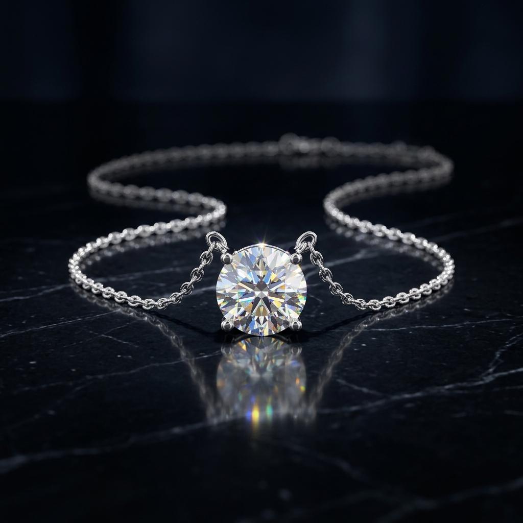 Round Moissanite Pendant Necklace, 925 Sterling Silver Chain, Dainty Everyday Jewelry