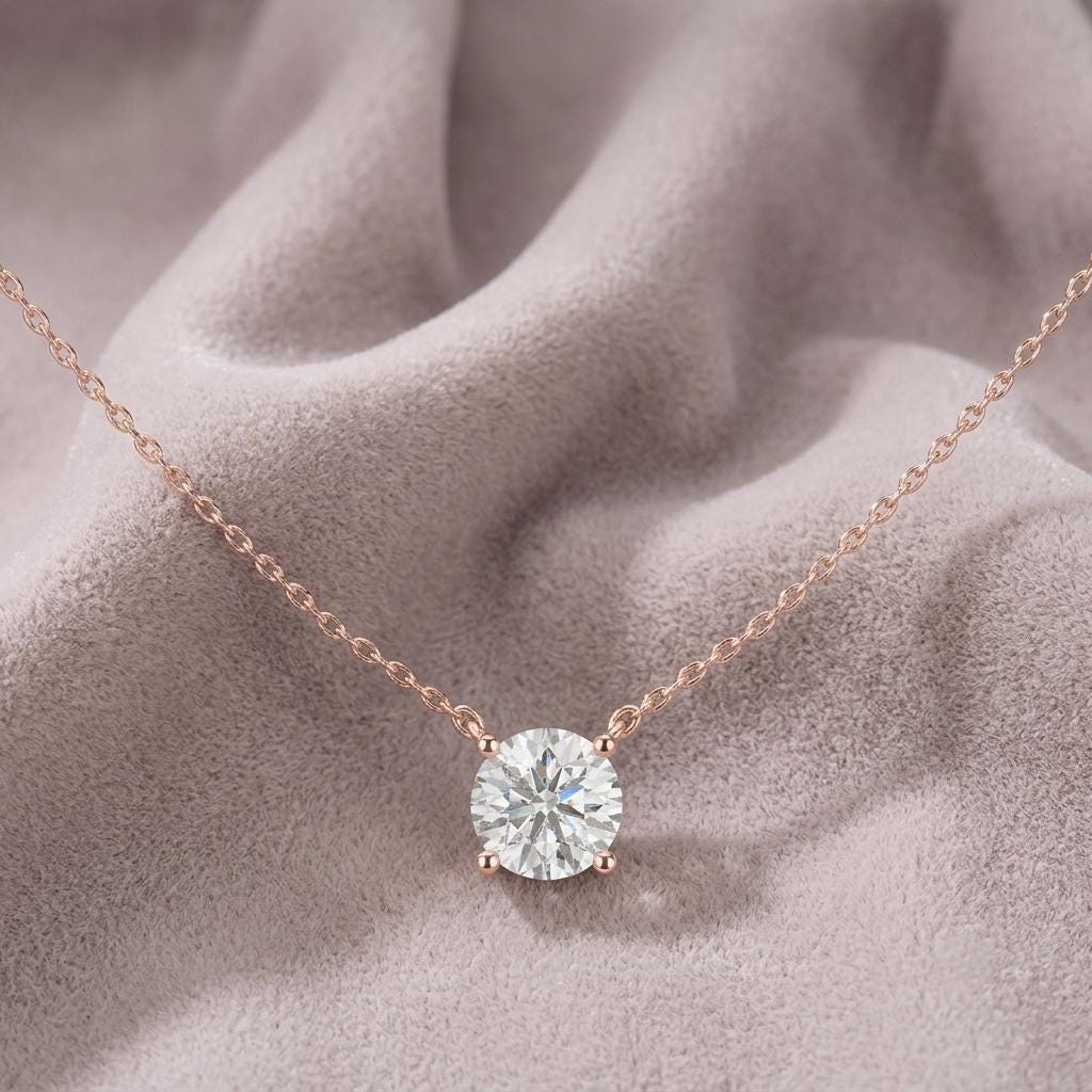 Round Moissanite Pendant Necklace, 925 Sterling Silver Chain, Dainty Everyday Jewelry