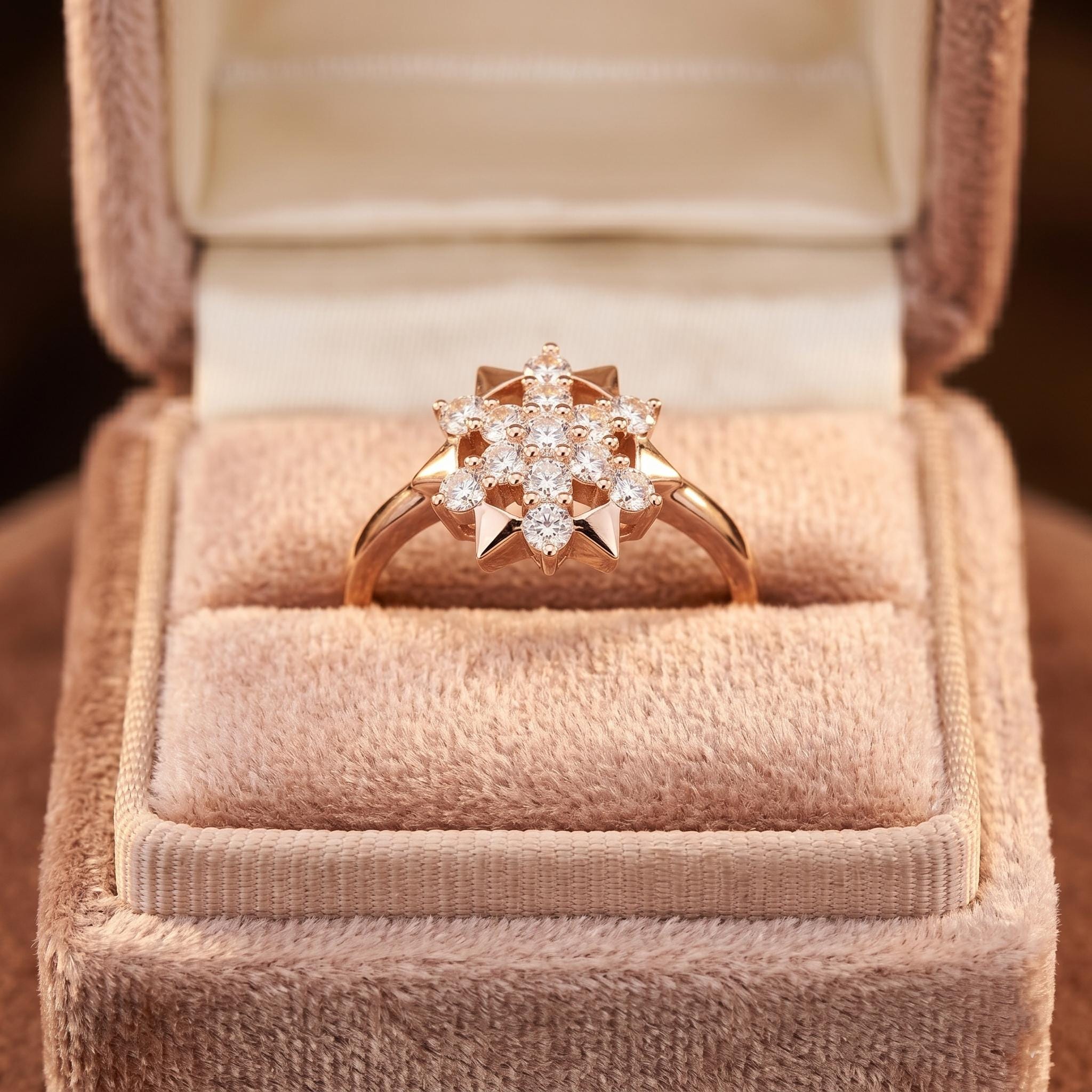 14K Solid Gold Snowflake Moissanite Ring, Floral Starburst Anniversary Promise Ring