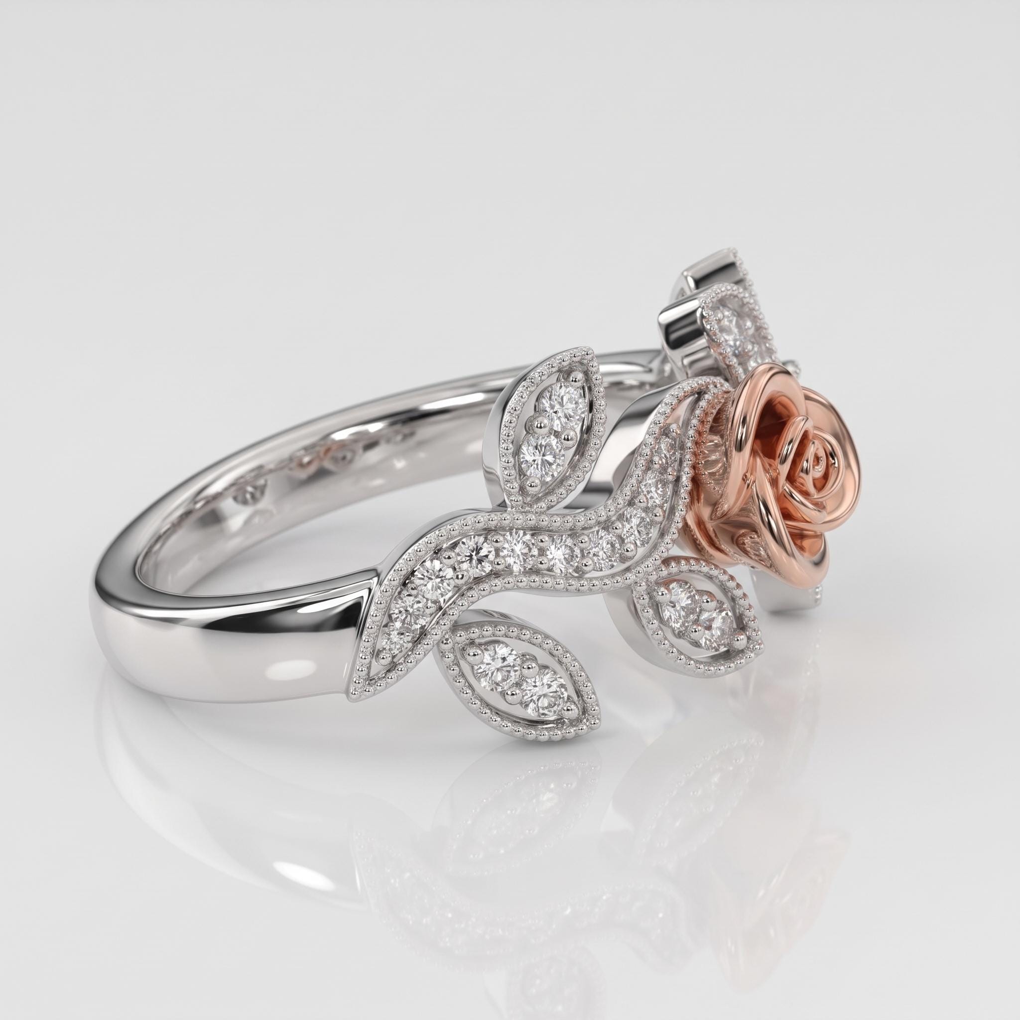 Sterling Silver Moissanite Floral Ring, Rose-Gold Leaf Motif, Statement Jewelry