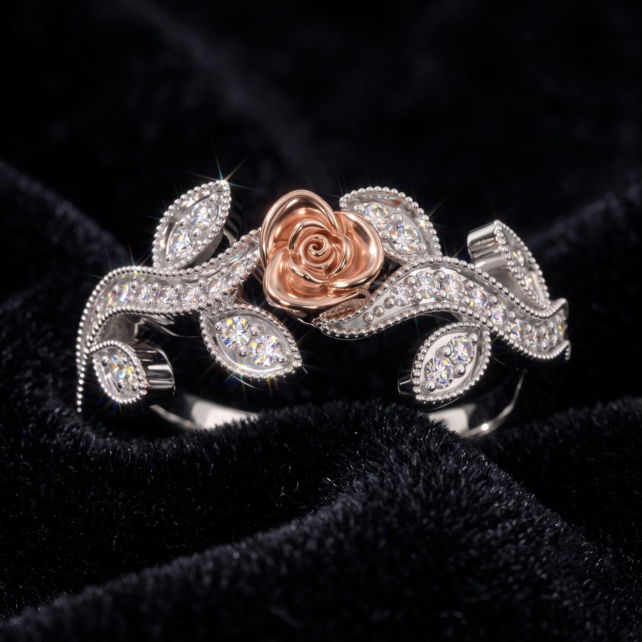 Sterling Silver Moissanite Floral Ring, Rose-Gold Leaf Motif, Statement Jewelry