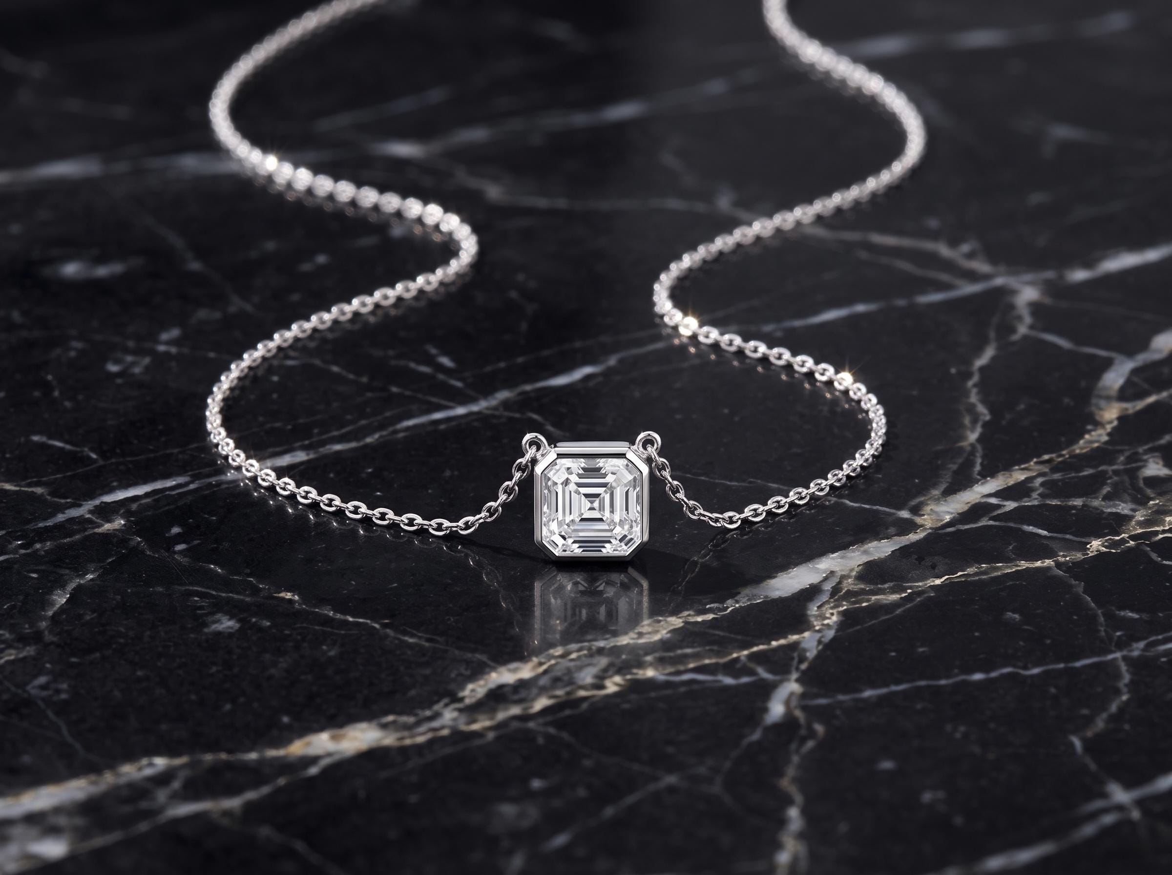 Emerald Cut Moissanite Pendant Necklace, 925 Sterling Silver Chain, Rose Gold Finish